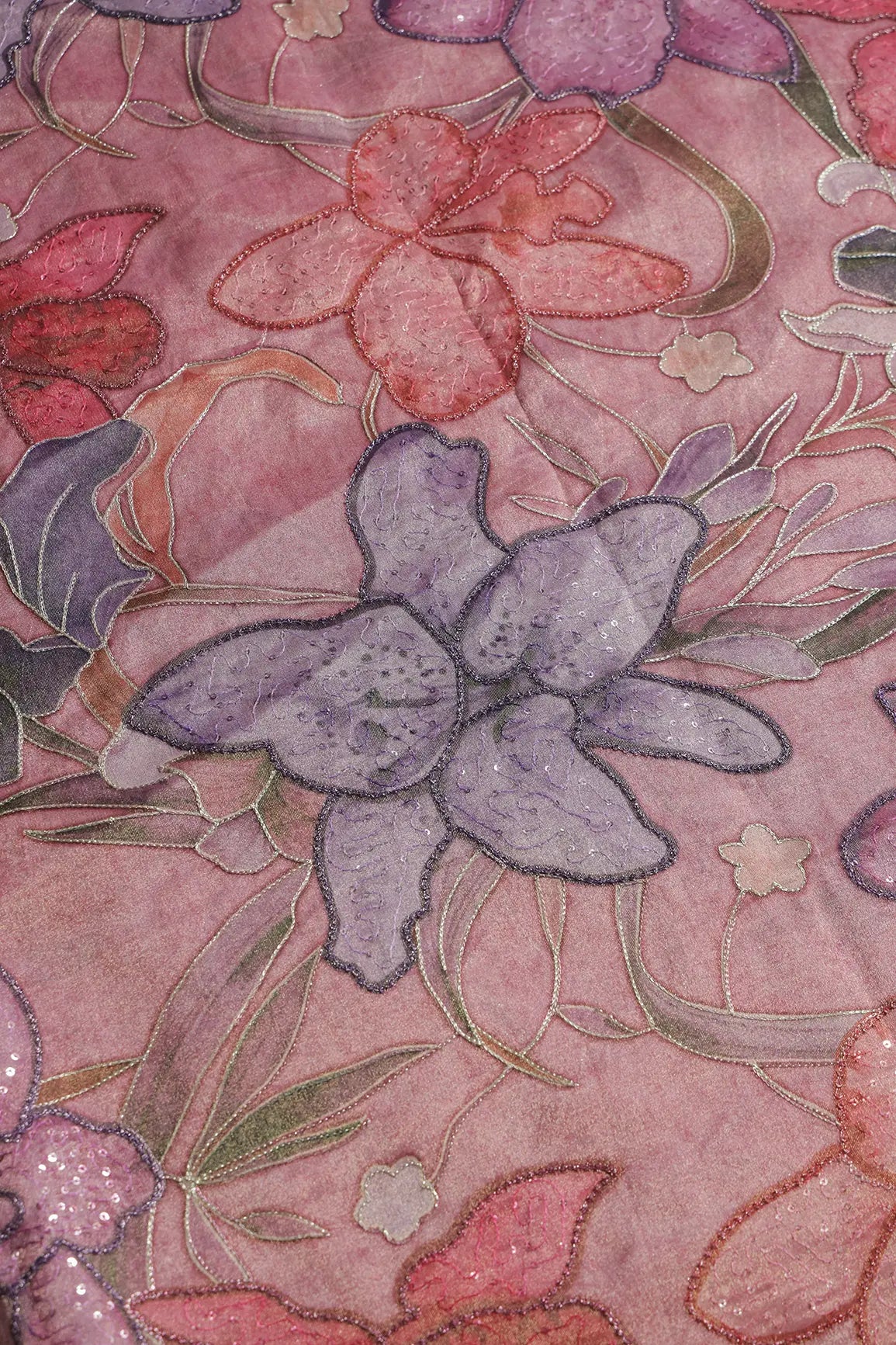 Floral Positional Print On Sequins With Zari Embroidery On Pastel Pink Zari Tissue Fabric