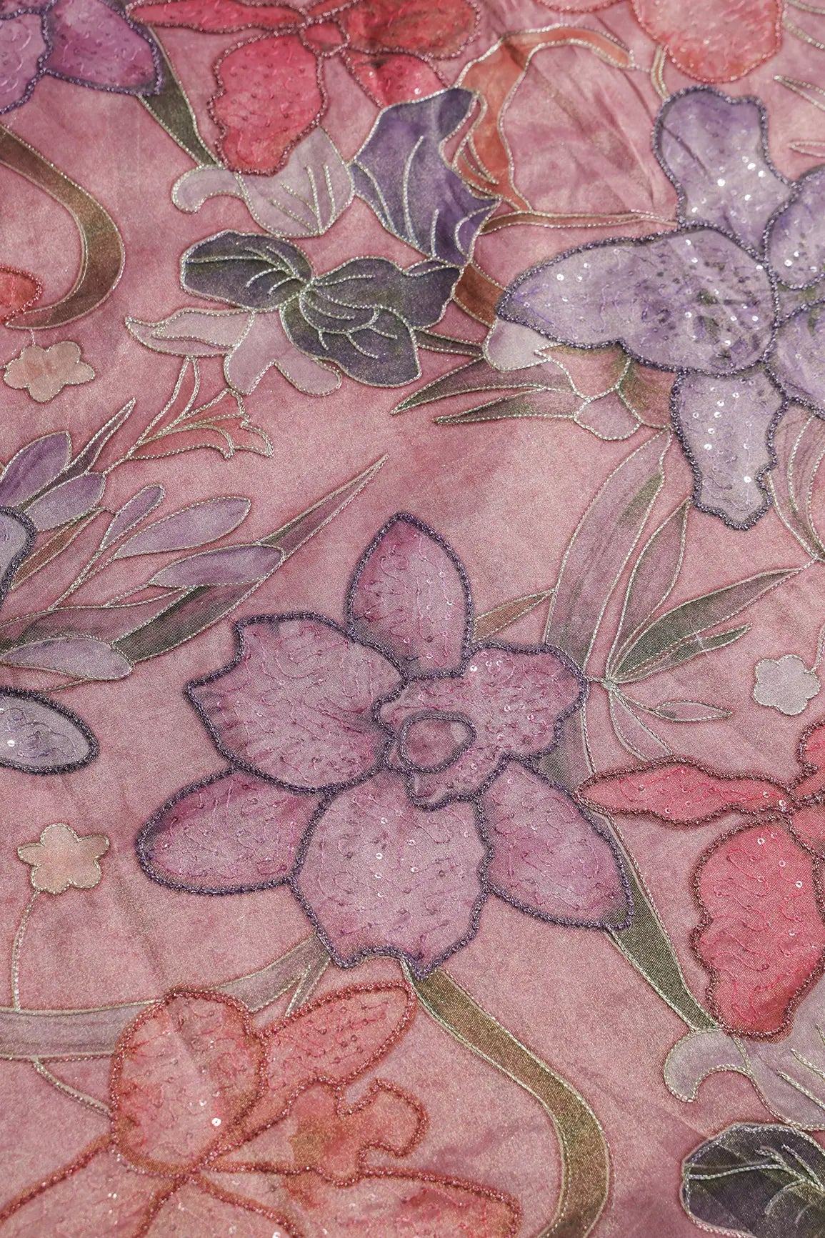 Floral Positional Print On Sequins With Zari Embroidery On Pastel Pink Zari Tissue Fabric