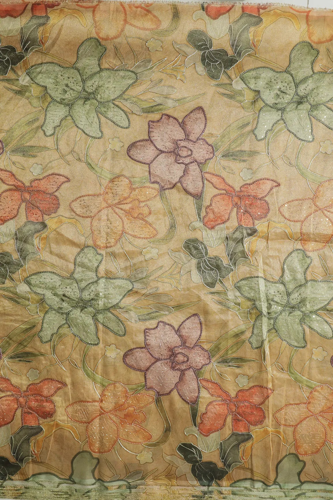 Floral Positional Print On Sequins With Zari Embroidery On Yellowish Brown Zari Tissue Fabric