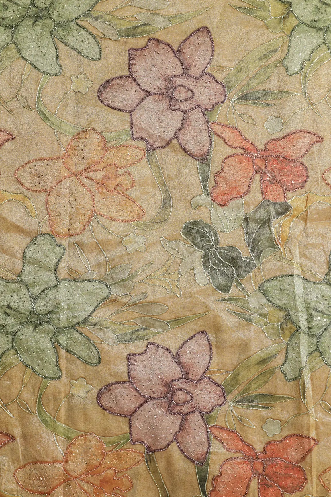 Floral Positional Print On Sequins With Zari Embroidery On Yellowish Brown Zari Tissue Fabric