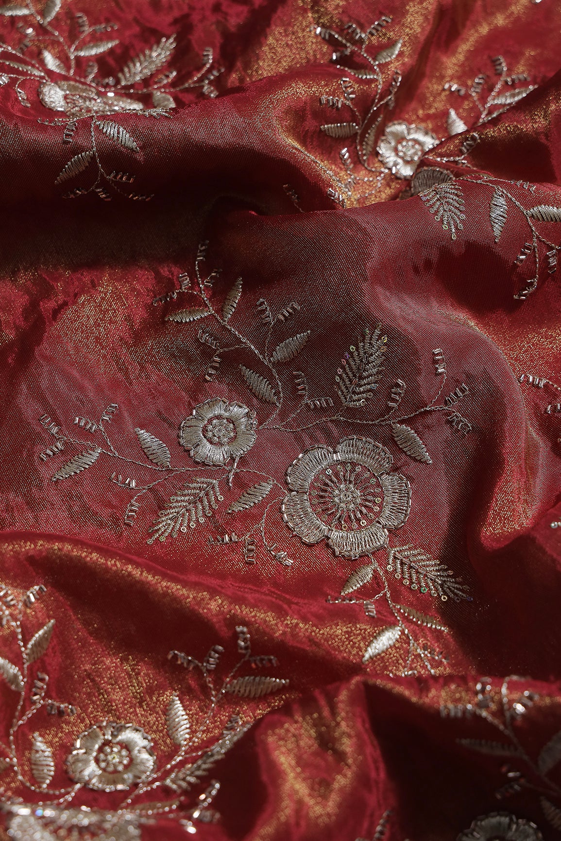 Multi Sequins & Beads With Zari Floral Embroidery Work On Cherry Red Shiny Viscose Zari Tissue Fabric