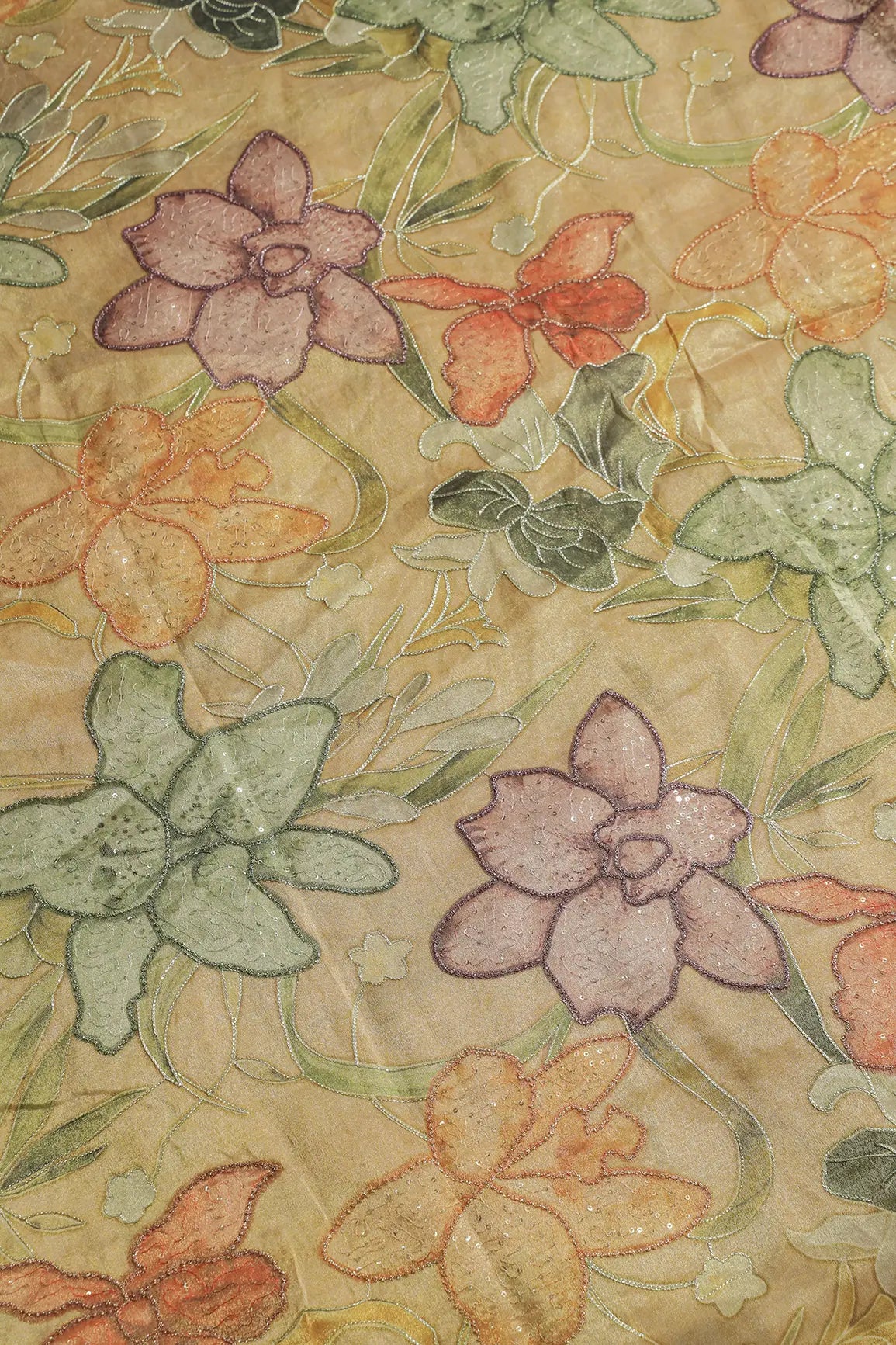 Floral Positional Print On Sequins With Zari Embroidery On Yellowish Brown Zari Tissue Fabric