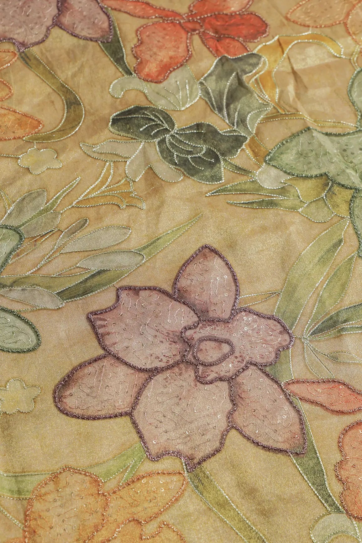 Floral Positional Print On Sequins With Zari Embroidery On Yellowish Brown Zari Tissue Fabric