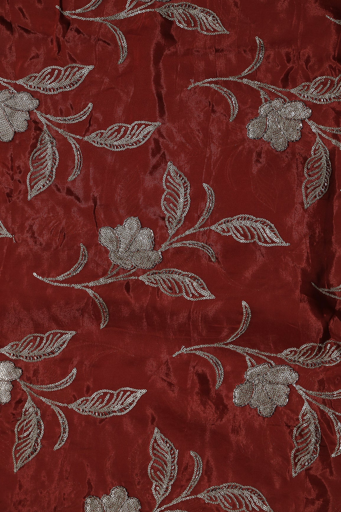 Gold Sequins With Beads Floral Leafy Embroidery Work On Red Glass Tissue Organza Fabric