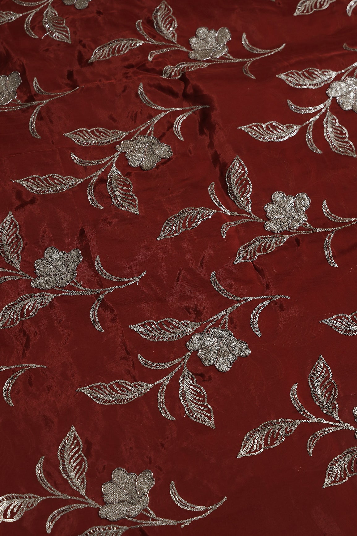 Gold Sequins With Beads Floral Leafy Embroidery Work On Red Pure Glass Tissue Organza Fabric
