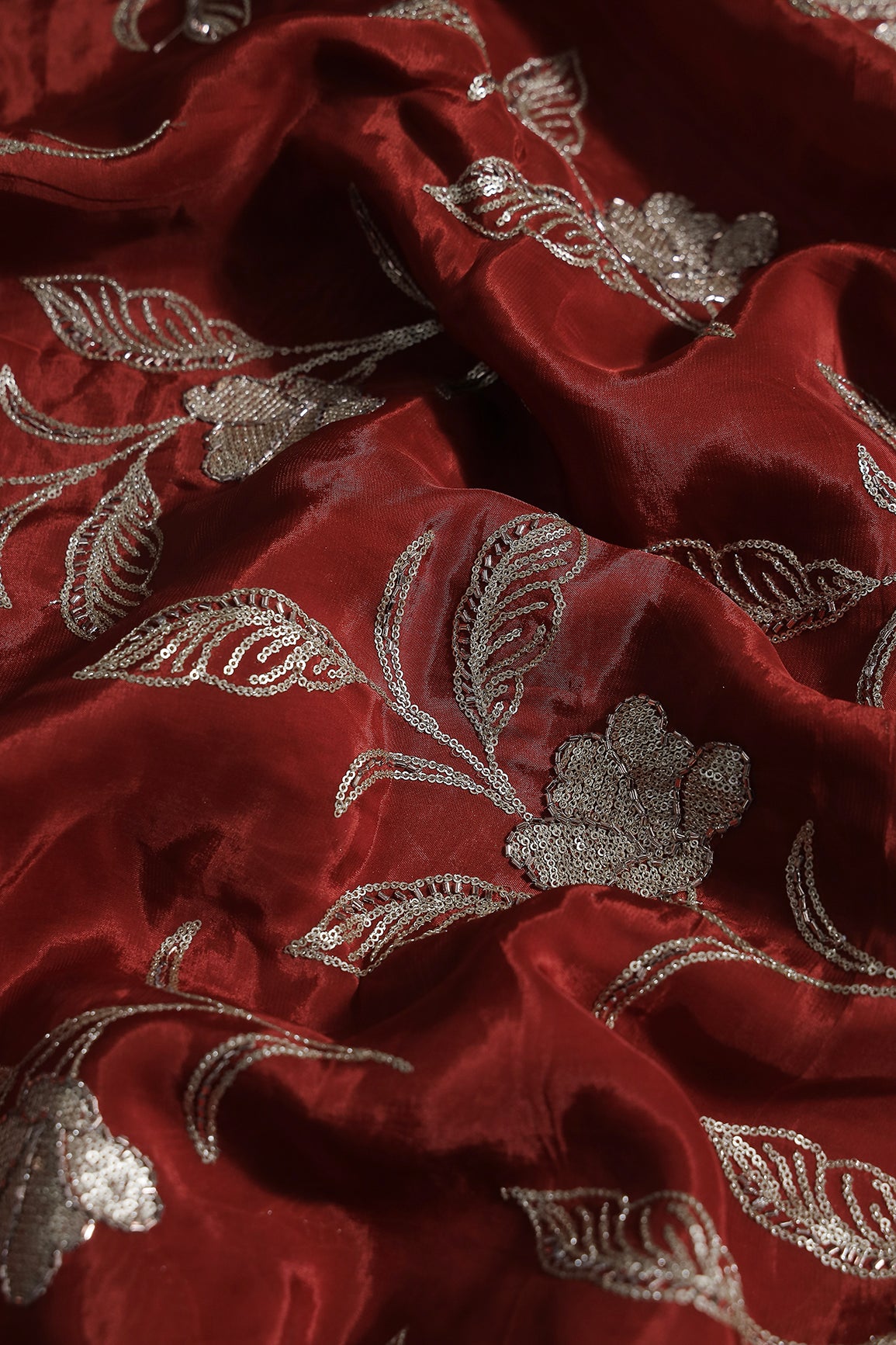 Gold Sequins With Beads Floral Leafy Embroidery Work On Red Glass Tissue Organza Fabric