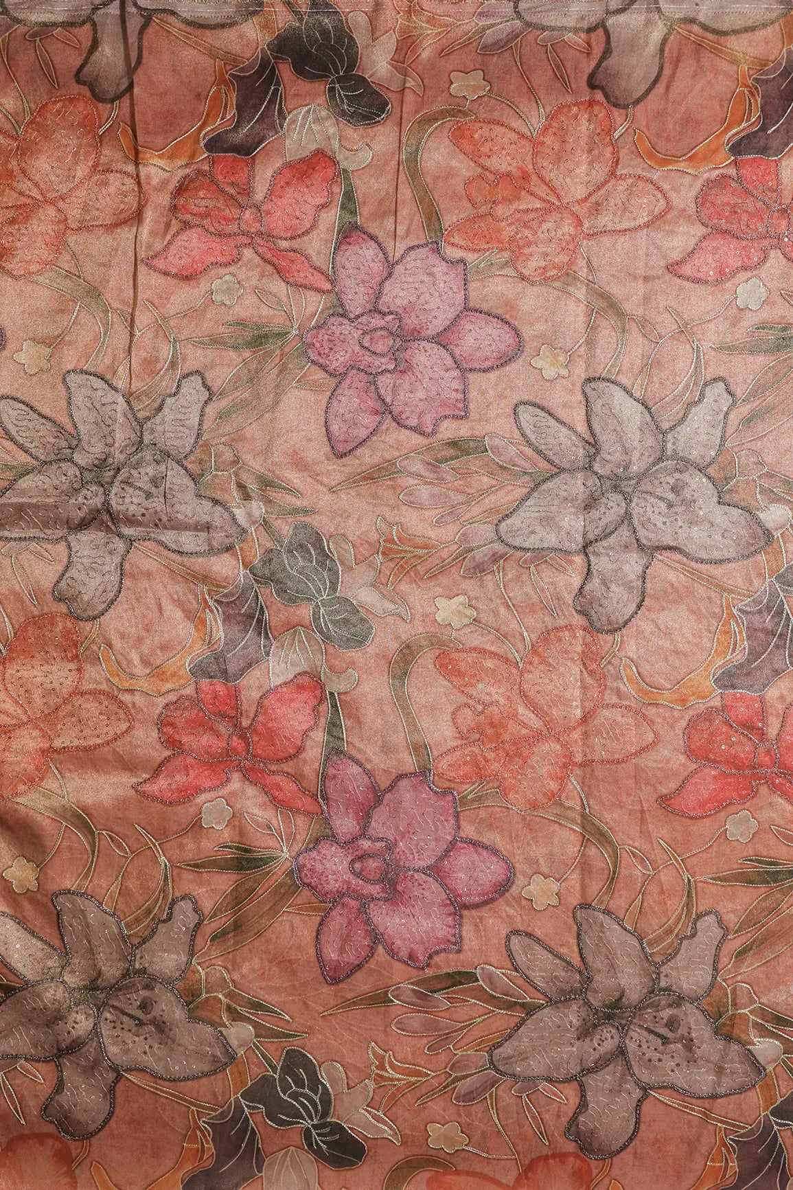 Floral Positional Print On Sequins With Zari Embroidery On Dusty Peach Zari Tissue Fabric