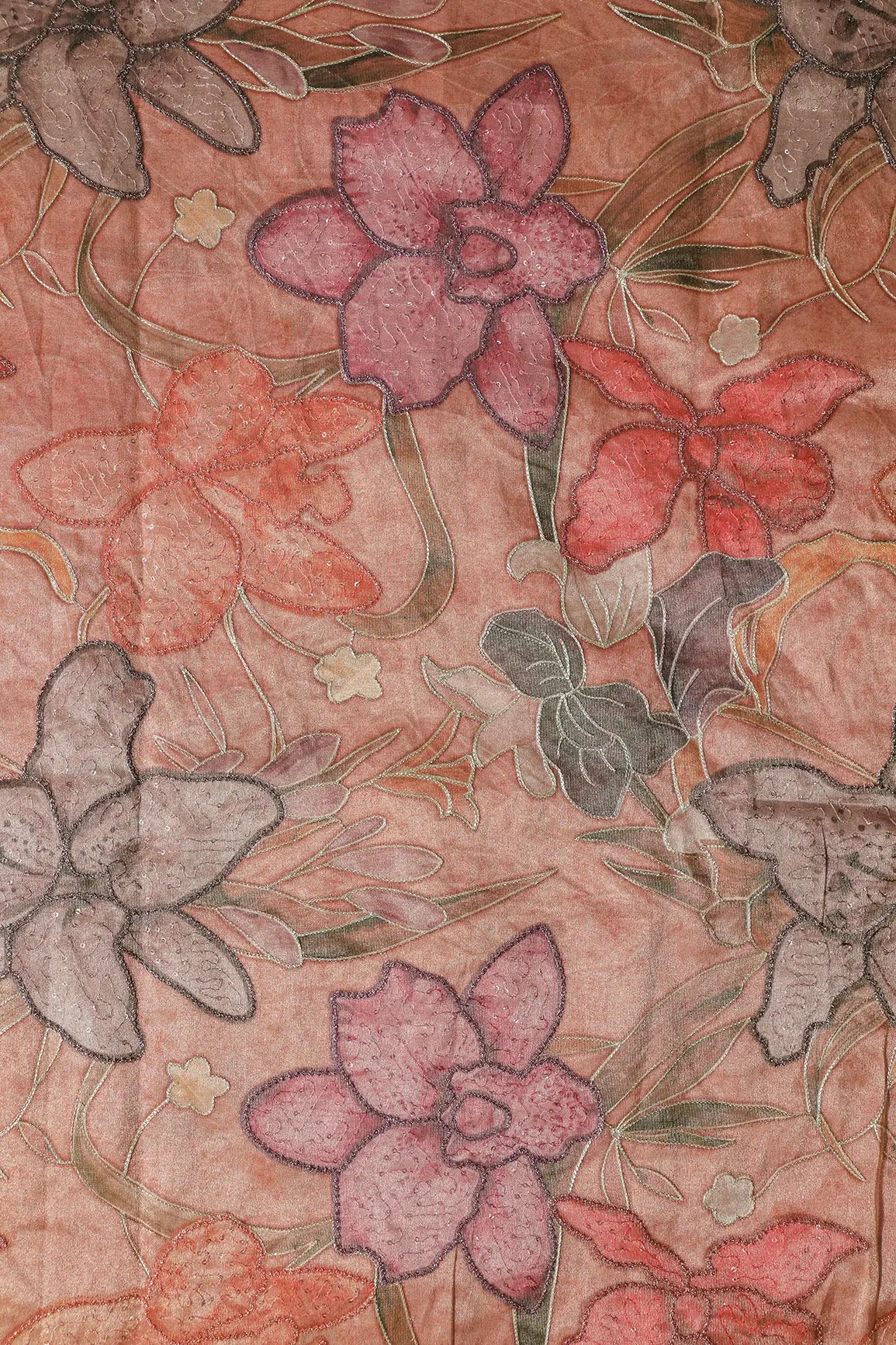 Floral Positional Print On Sequins With Zari Embroidery On Dusty Peach Zari Tissue Fabric