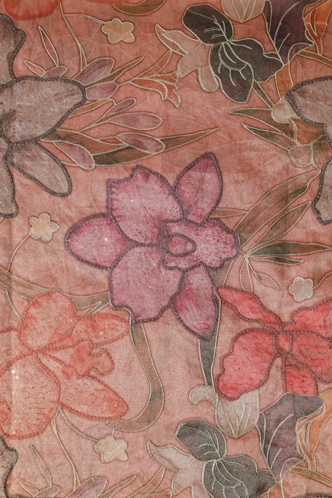 Floral Positional Print On Sequins With Zari Embroidery On Dusty Peach Zari Tissue Fabric