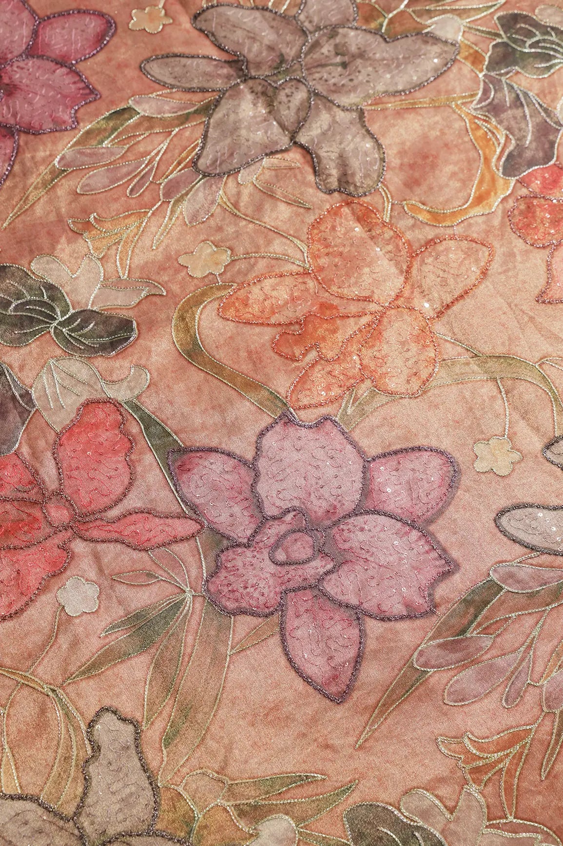 Floral Positional Print On Sequins With Zari Embroidery On Dusty Peach Zari Tissue Fabric