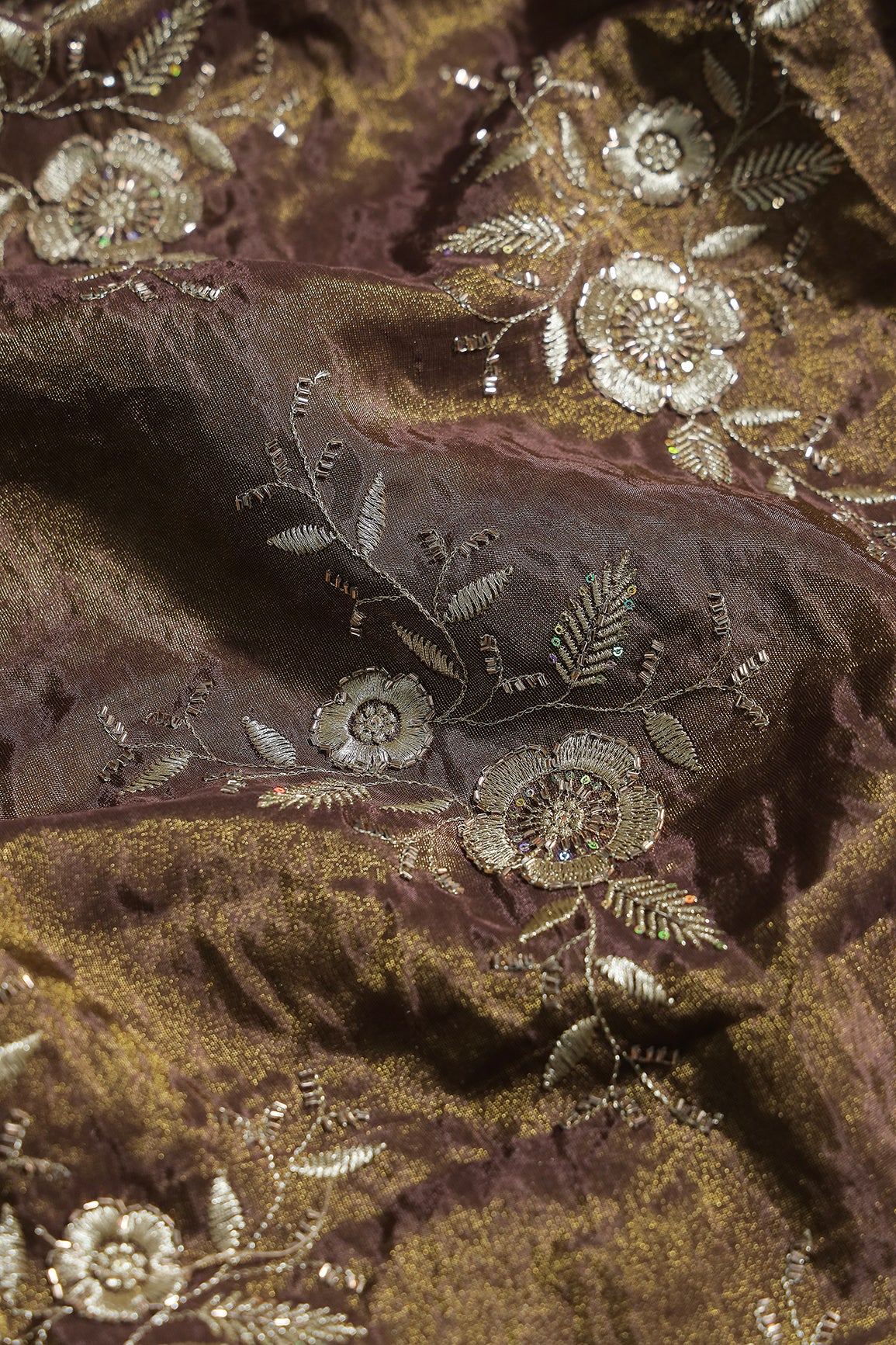 Multi Sequins & Beads With Zari Floral Embroidery Work On Mocha Mousse Shiny Viscose Zari Tissue Fabric