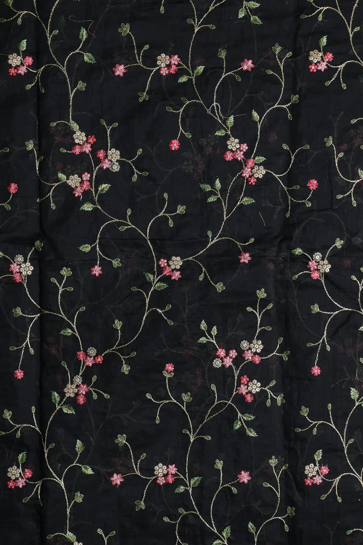 Pink And Green Thread With Gold Zari Floral Sequins Embroidery Work On Black Chanderi Fabric