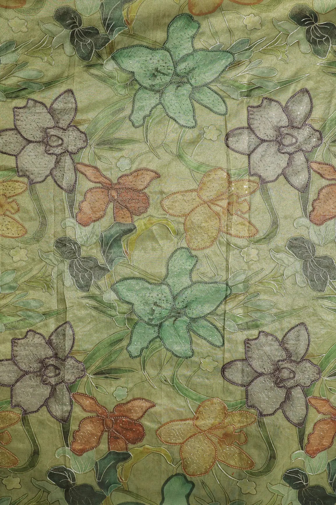 Floral Positional Print On Sequins With Zari Embroidery On Olive Green Zari Tissue Fabric