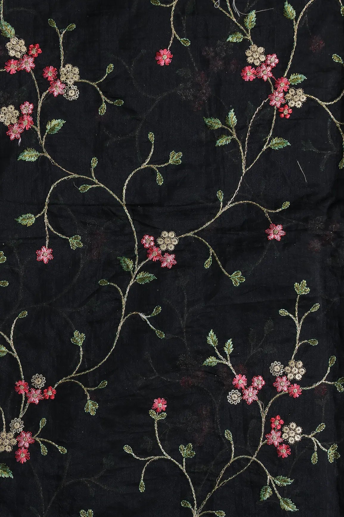 Pink And Green Thread With Gold Zari Floral Sequins Embroidery Work On Black Chanderi Fabric