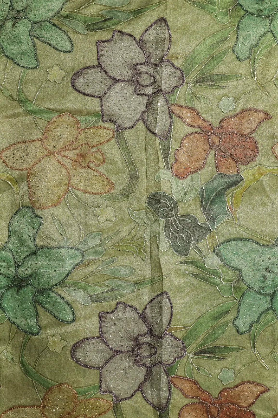 Floral Positional Print On Sequins With Zari Embroidery On Olive Green Zari Tissue Fabric