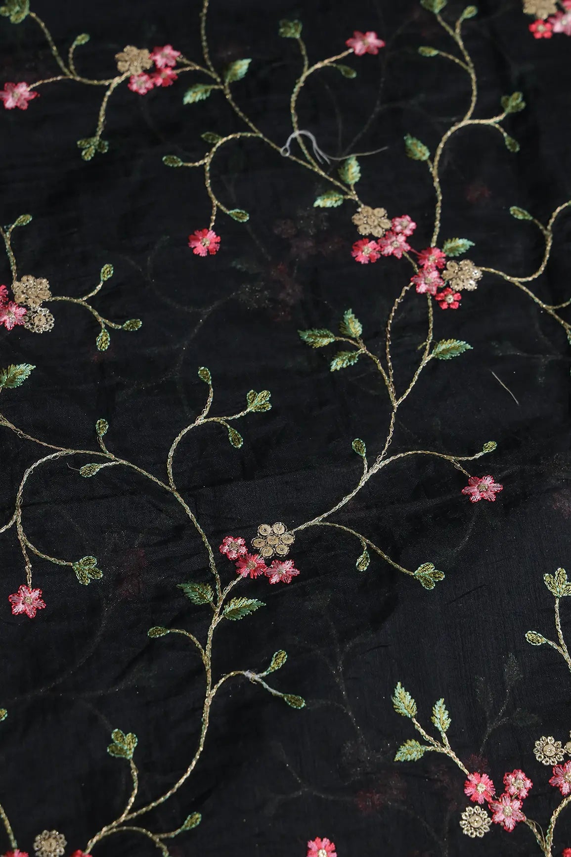 Pink And Green Thread With Gold Zari Floral Sequins Embroidery Work On Black Chanderi Fabric