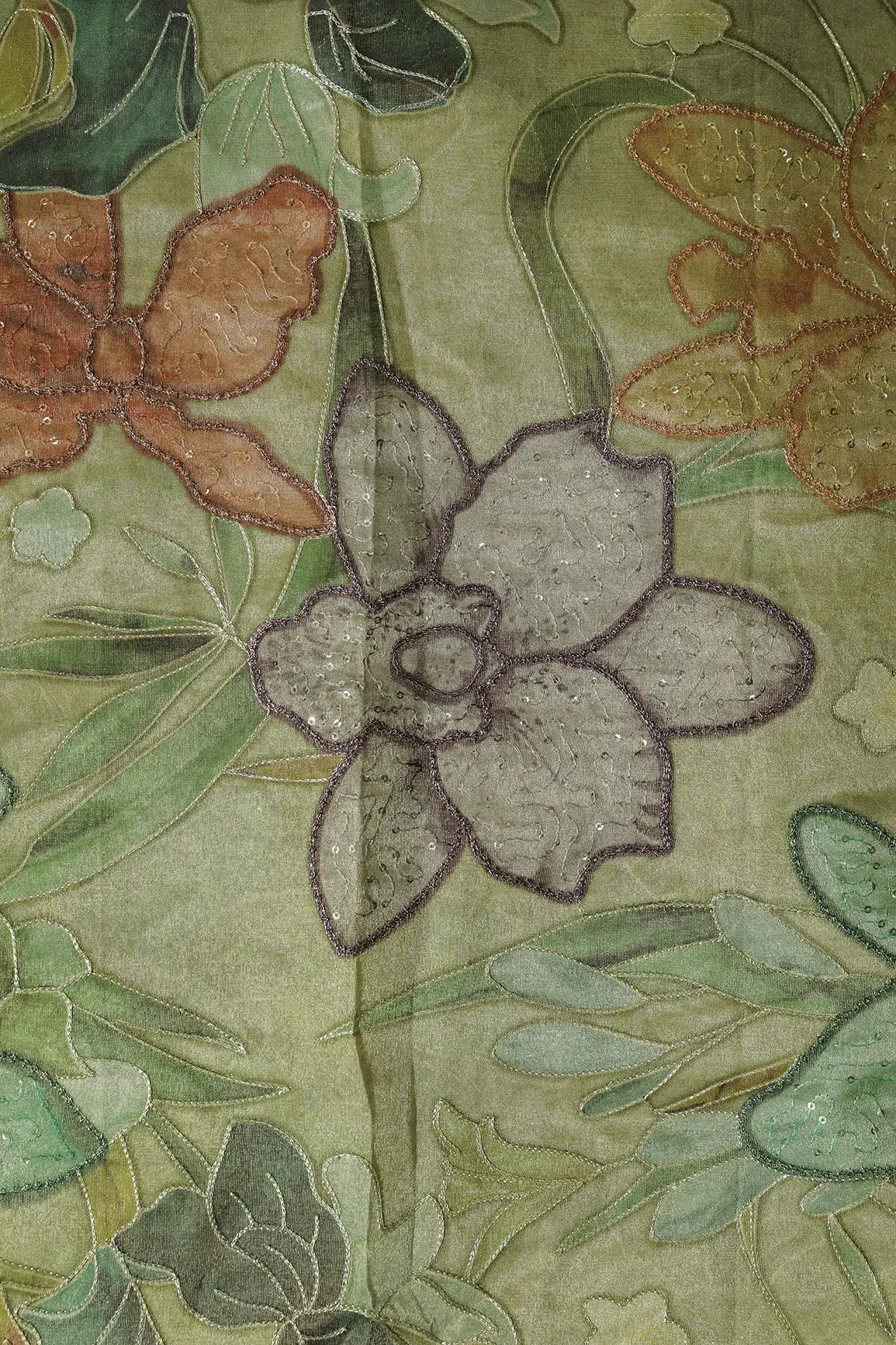 Floral Positional Print On Sequins With Zari Embroidery On Olive Green Zari Tissue Fabric