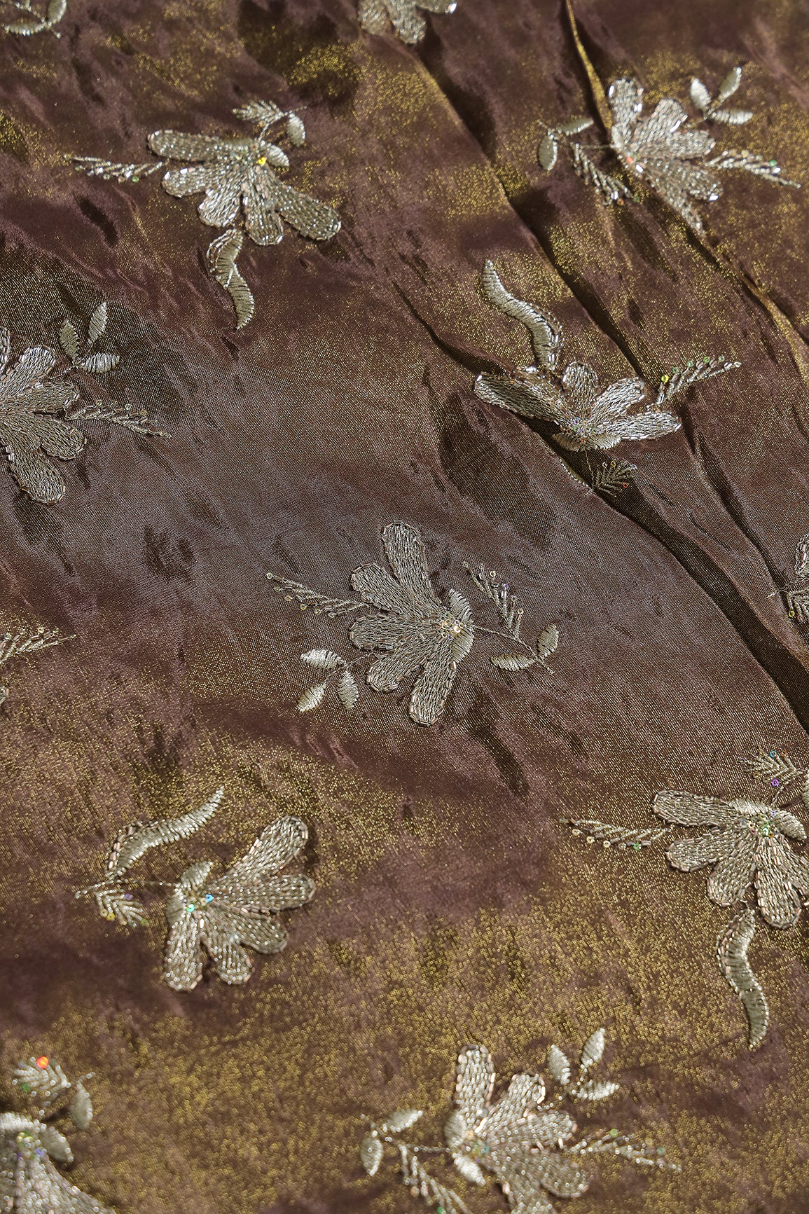 Multi Sequins & Beads With Zari Floral Embroidery Work On Mocha Mousse Shiny Viscose Zari Tissue Fabric