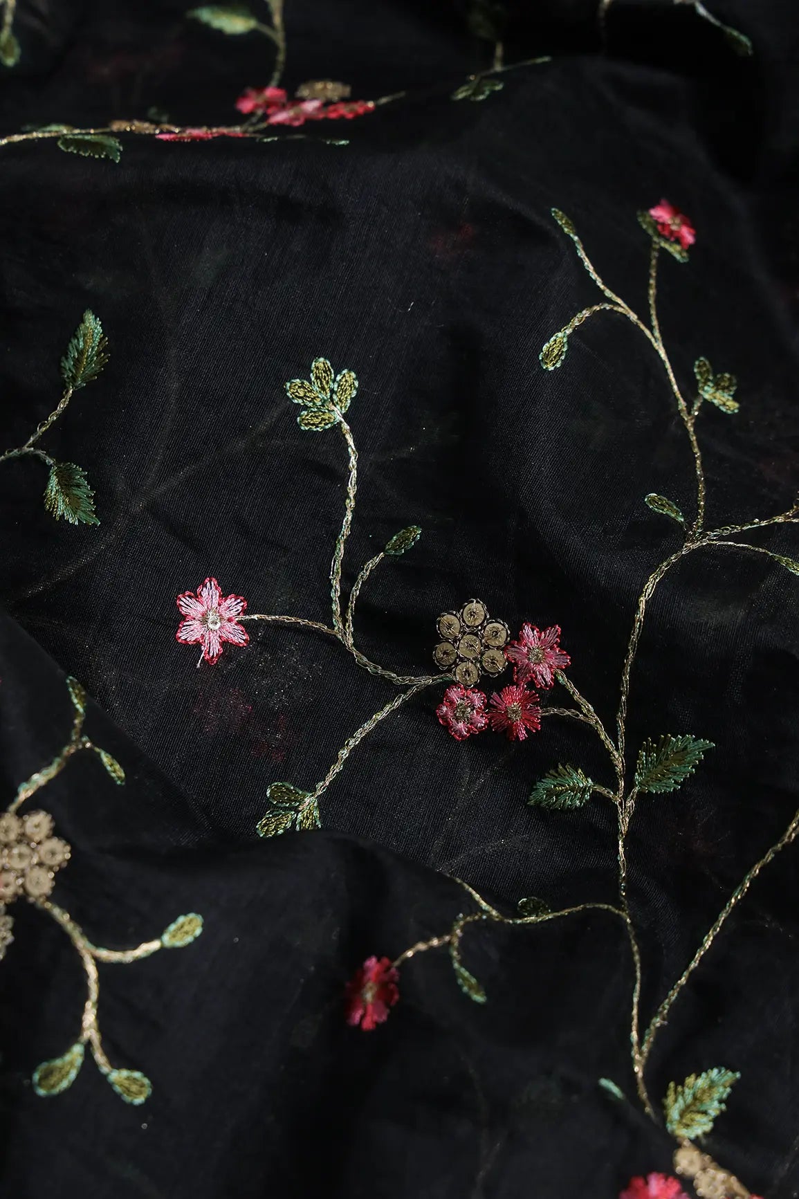 Pink And Green Thread With Gold Zari Floral Sequins Embroidery Work On Black Chanderi Fabric