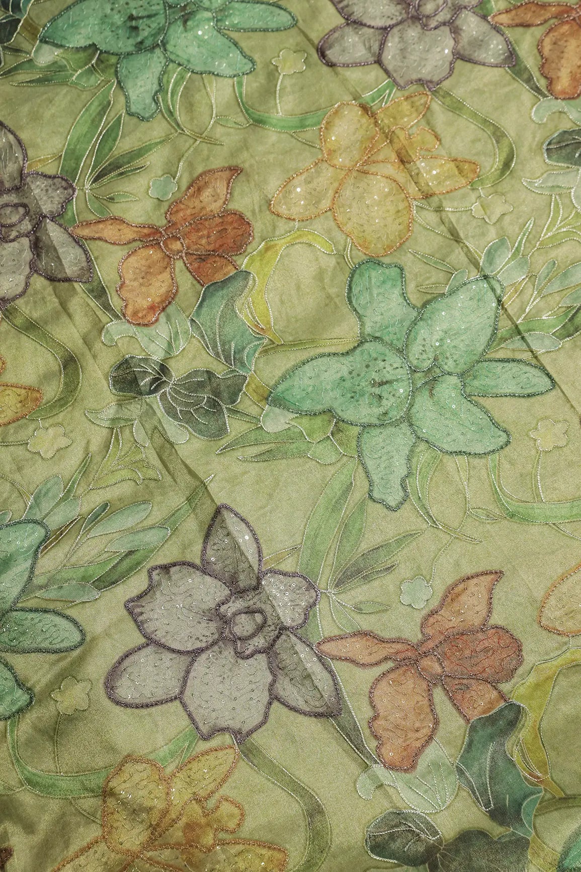 Floral Positional Print On Sequins With Zari Embroidery On Olive Green Zari Tissue Fabric
