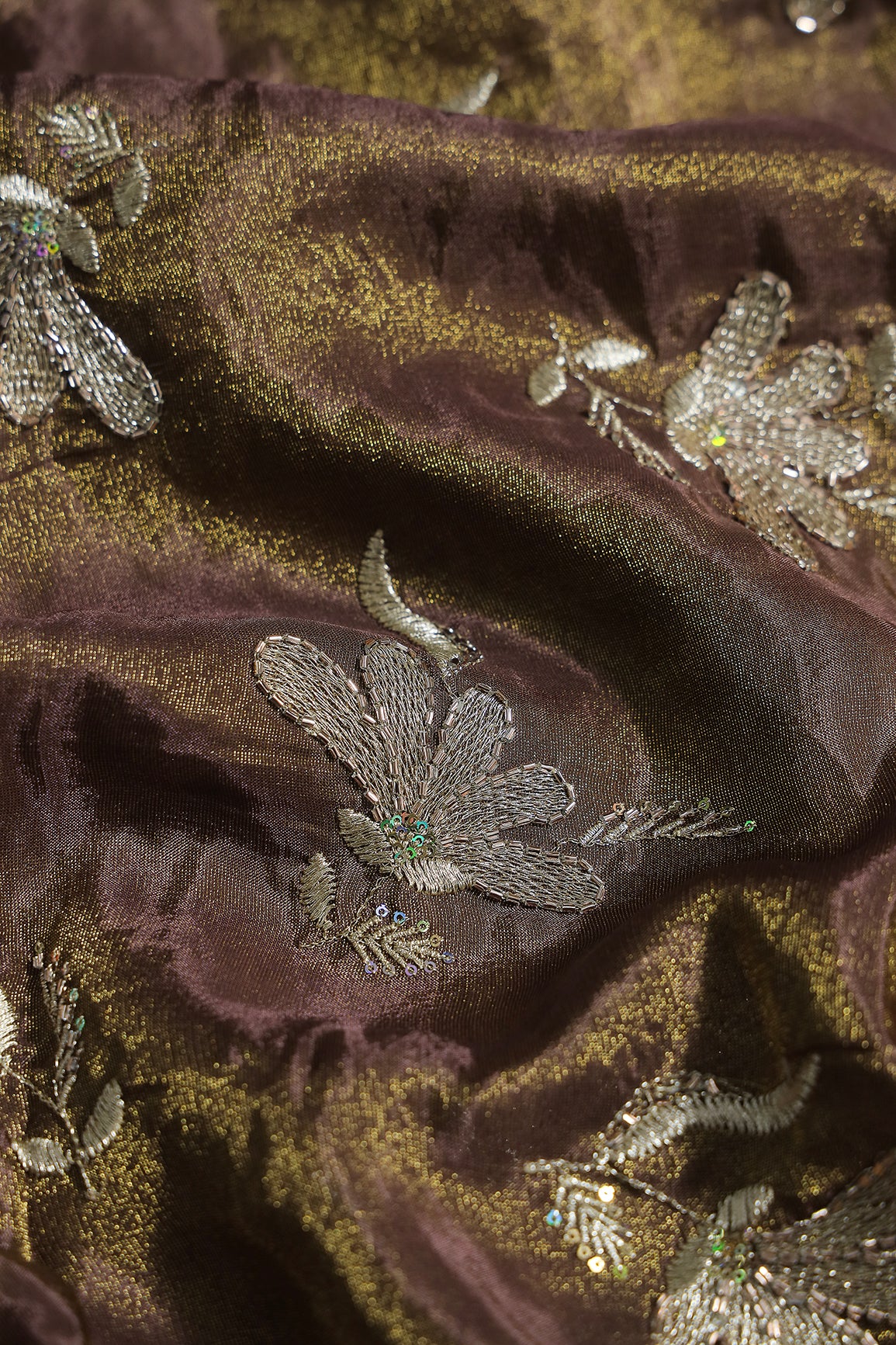 Multi Sequins & Beads With Zari Floral Embroidery Work On Mocha Mousse Shiny Viscose Zari Tissue Fabric