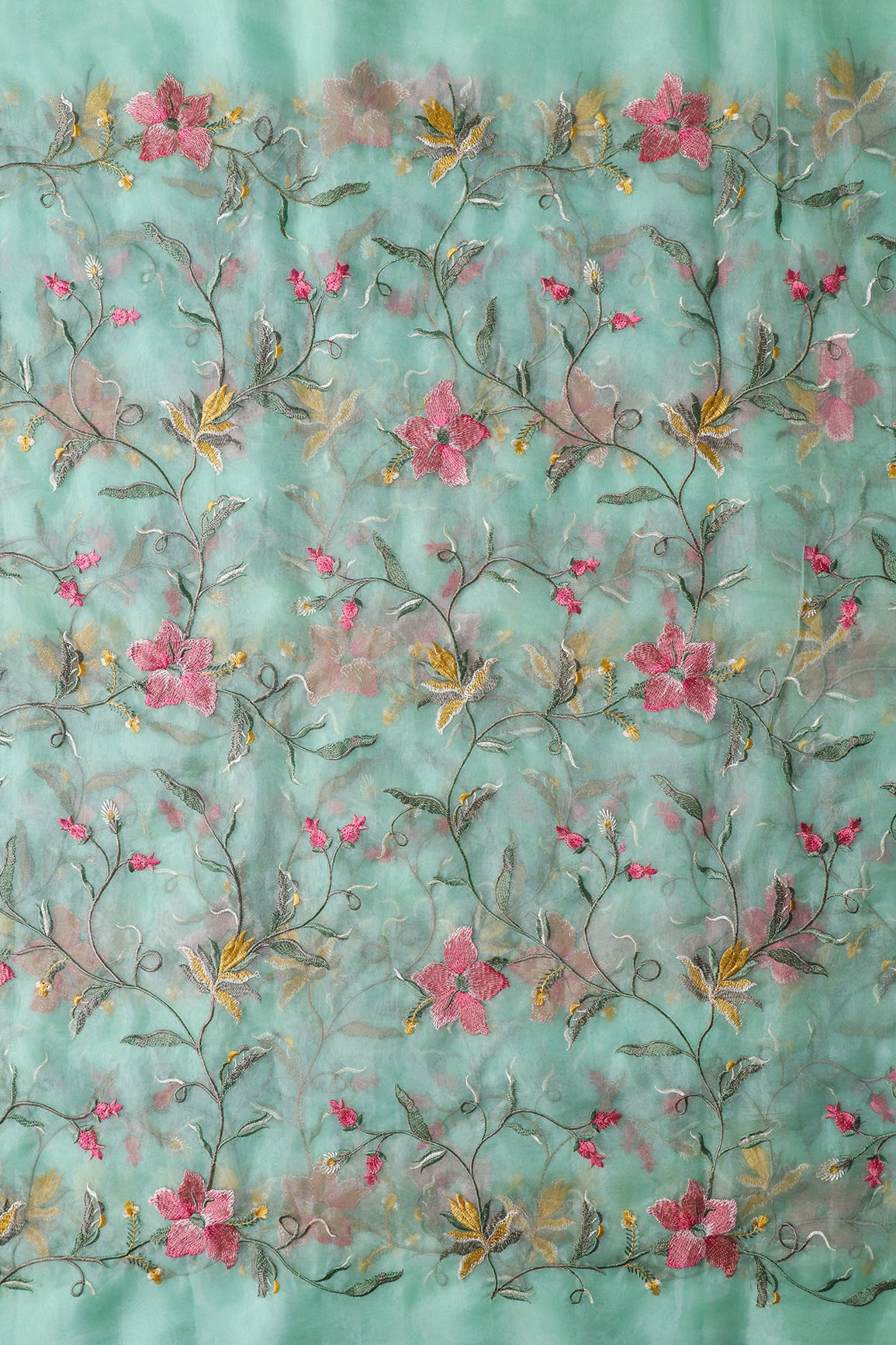 Elegant Floral Multi Color Thread Embroidery Work On Sea Green Organza Fabric