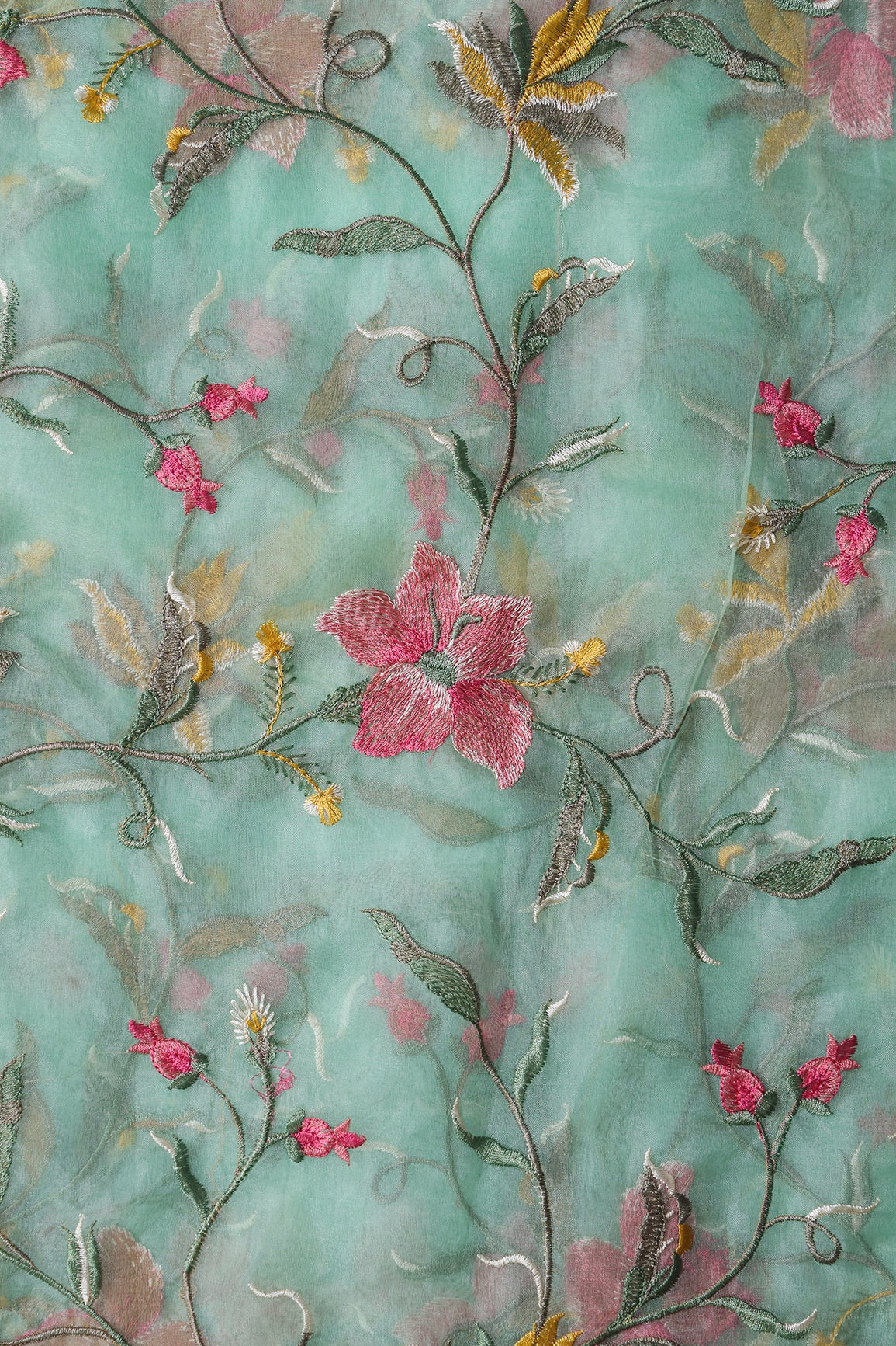 Elegant Floral Multi Color Thread Embroidery Work On Sea Green Organza Fabric