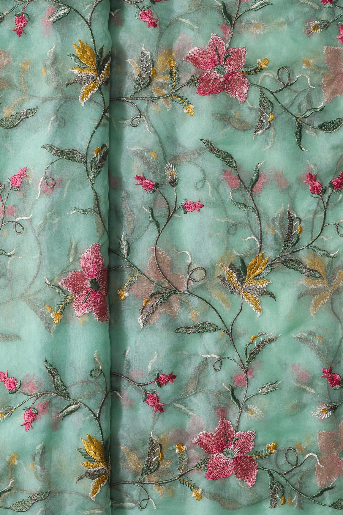 Elegant Floral Multi Color Thread Embroidery Work On Sea Green Organza Fabric