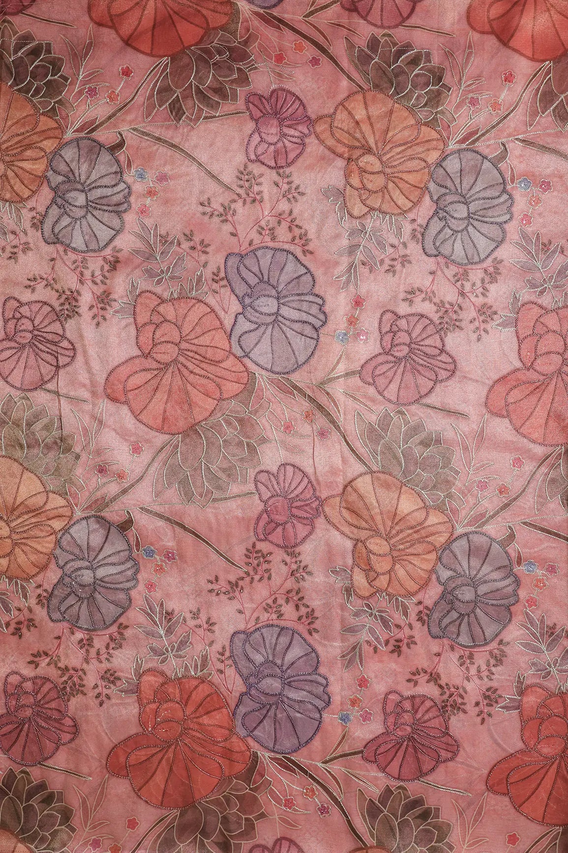Floral Positional Print On Sequins With Zari Embroidery On Gajri Pink Zari Tissue Fabric