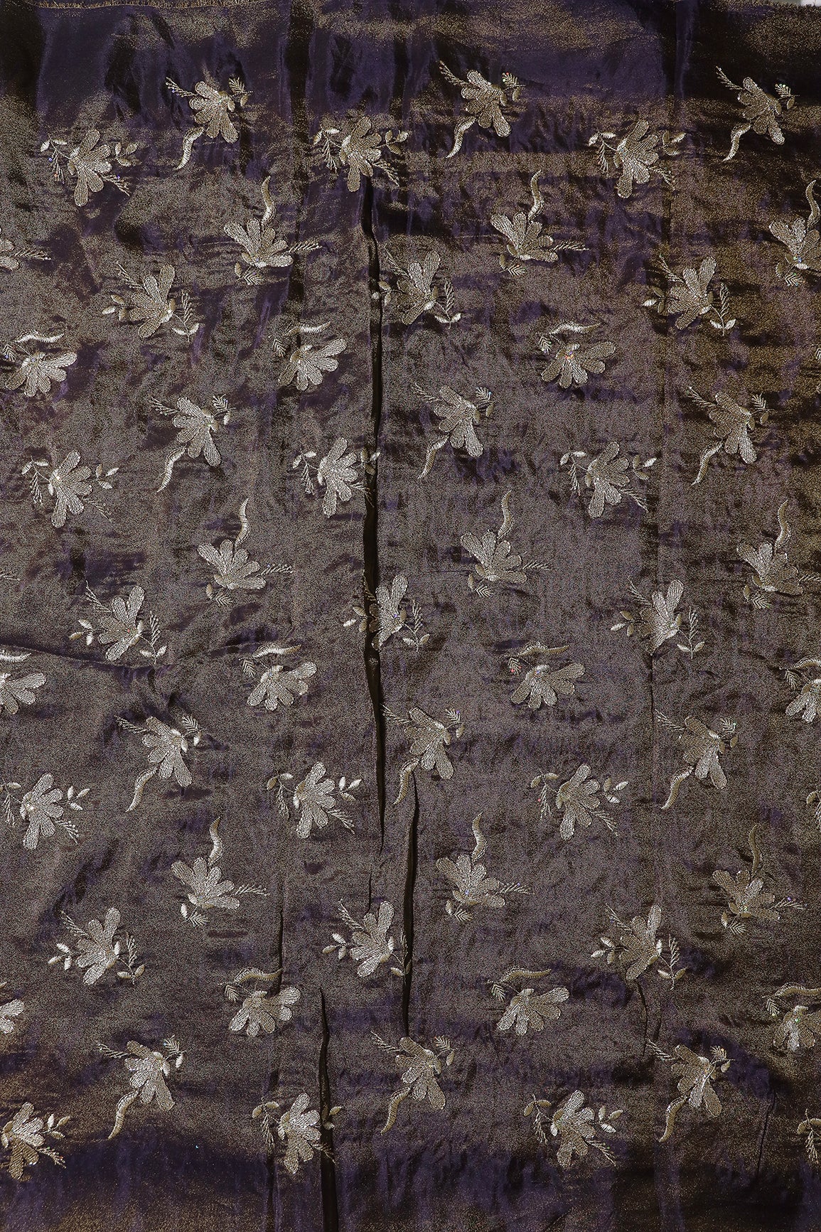 Multi Sequins & Beads With Zari Floral Embroidery Work On Dark Purple Shiny Viscose Zari Tissue Fabric
