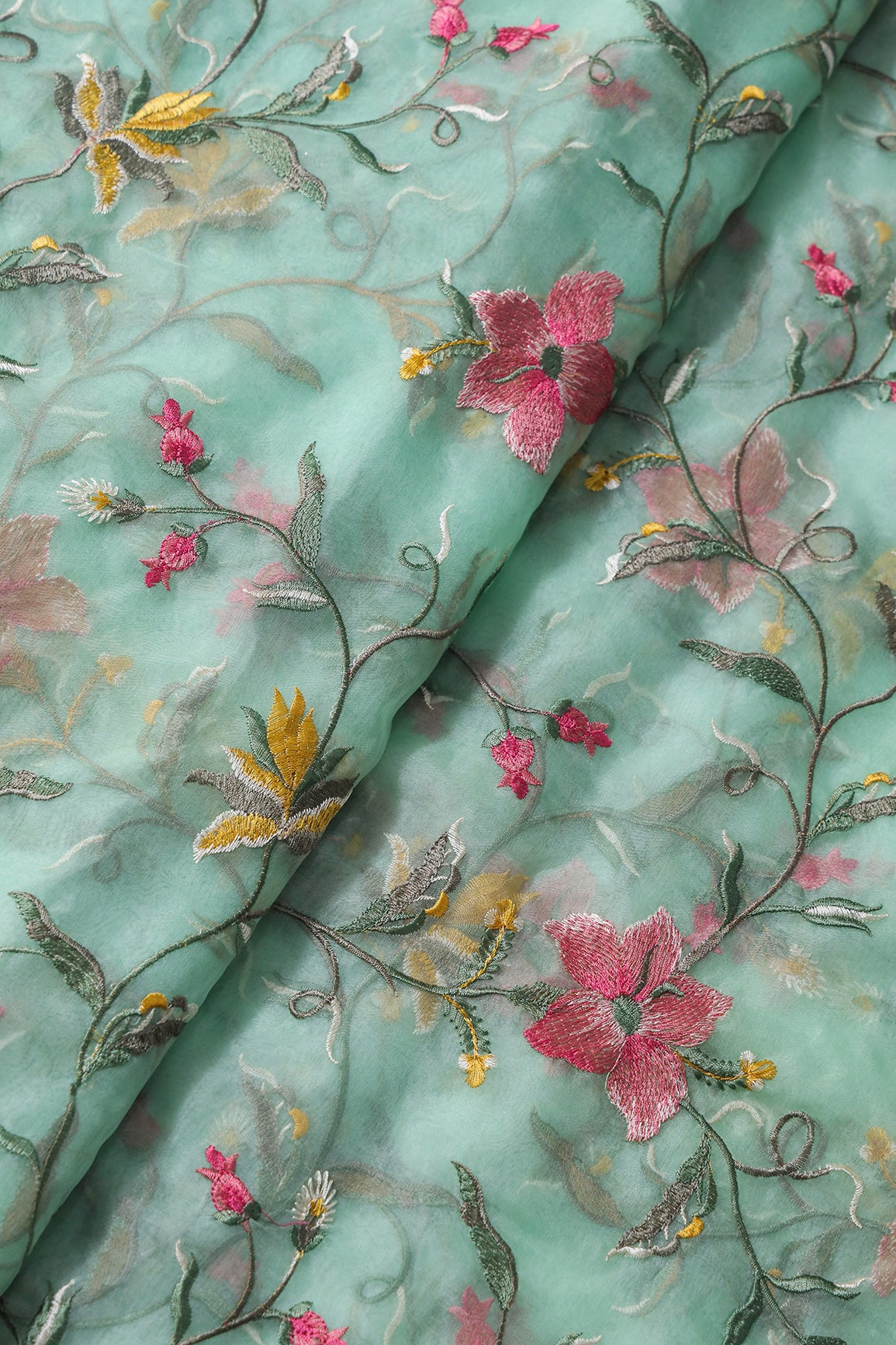 Elegant Floral Multi Color Thread Embroidery Work On Sea Green Organza Fabric