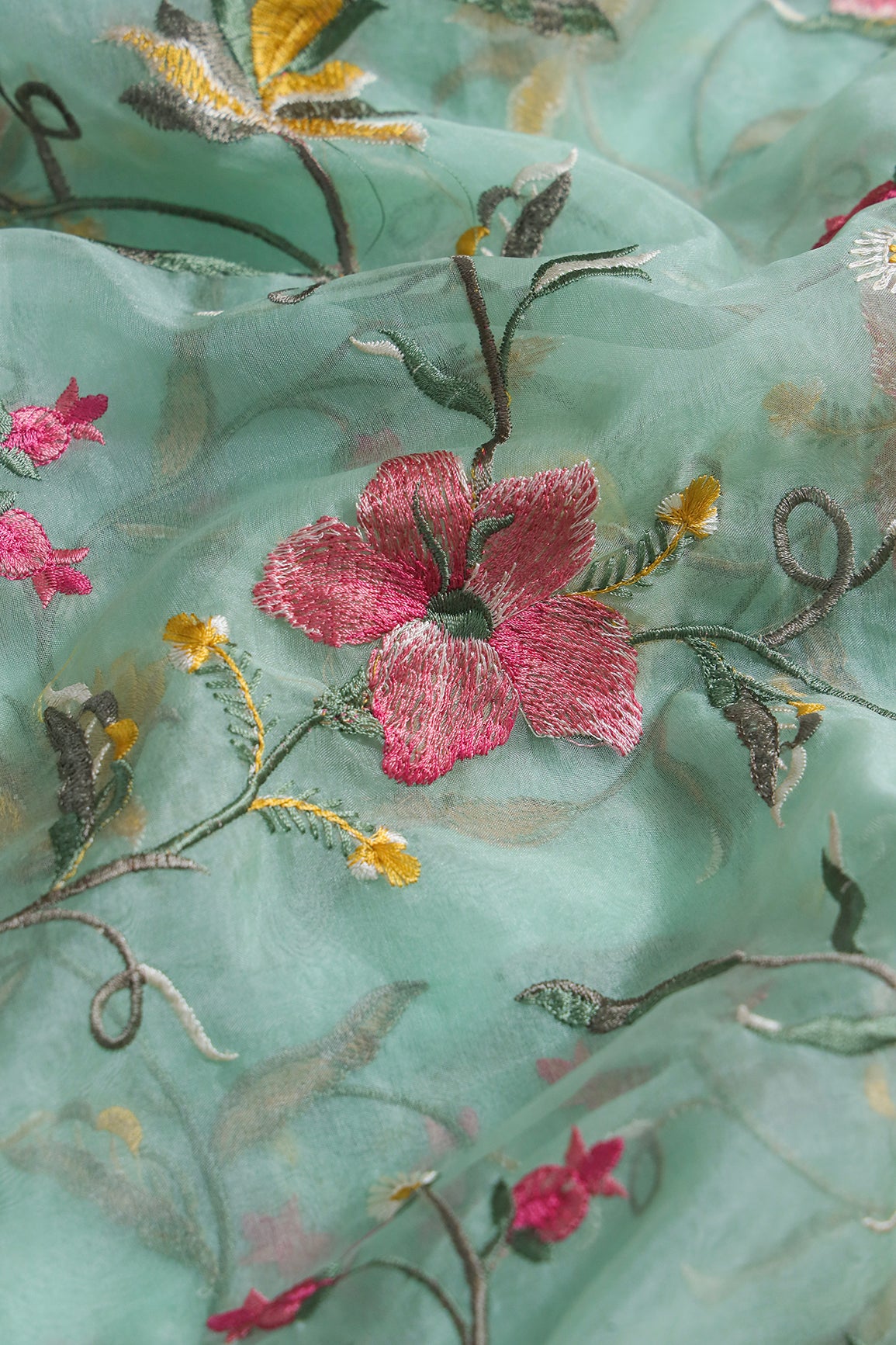 Elegant Floral Multi Color Thread Embroidery Work On Sea Green Organza Fabric
