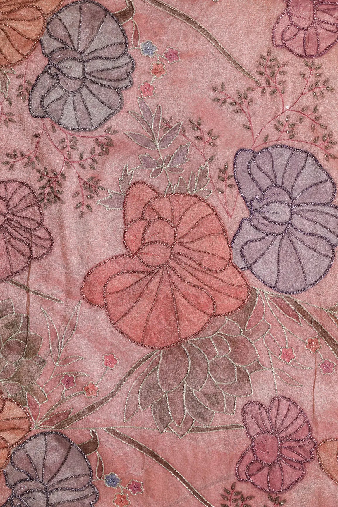 Floral Positional Print On Sequins With Zari Embroidery On Gajri Pink Zari Tissue Fabric