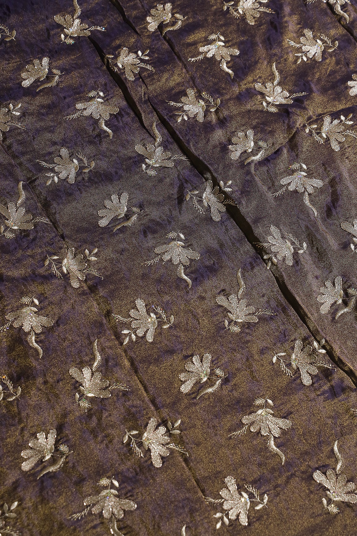 Multi Sequins & Beads With Zari Floral Embroidery Work On Dark Purple Shiny Viscose Zari Tissue Fabric