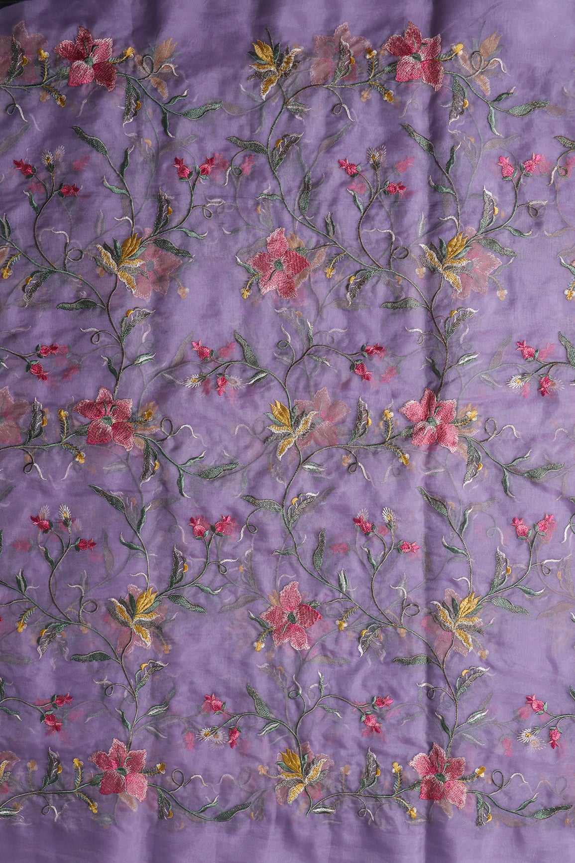 Elegant Floral Multi Color Thread Embroidery Work On Lavender Organza Fabric