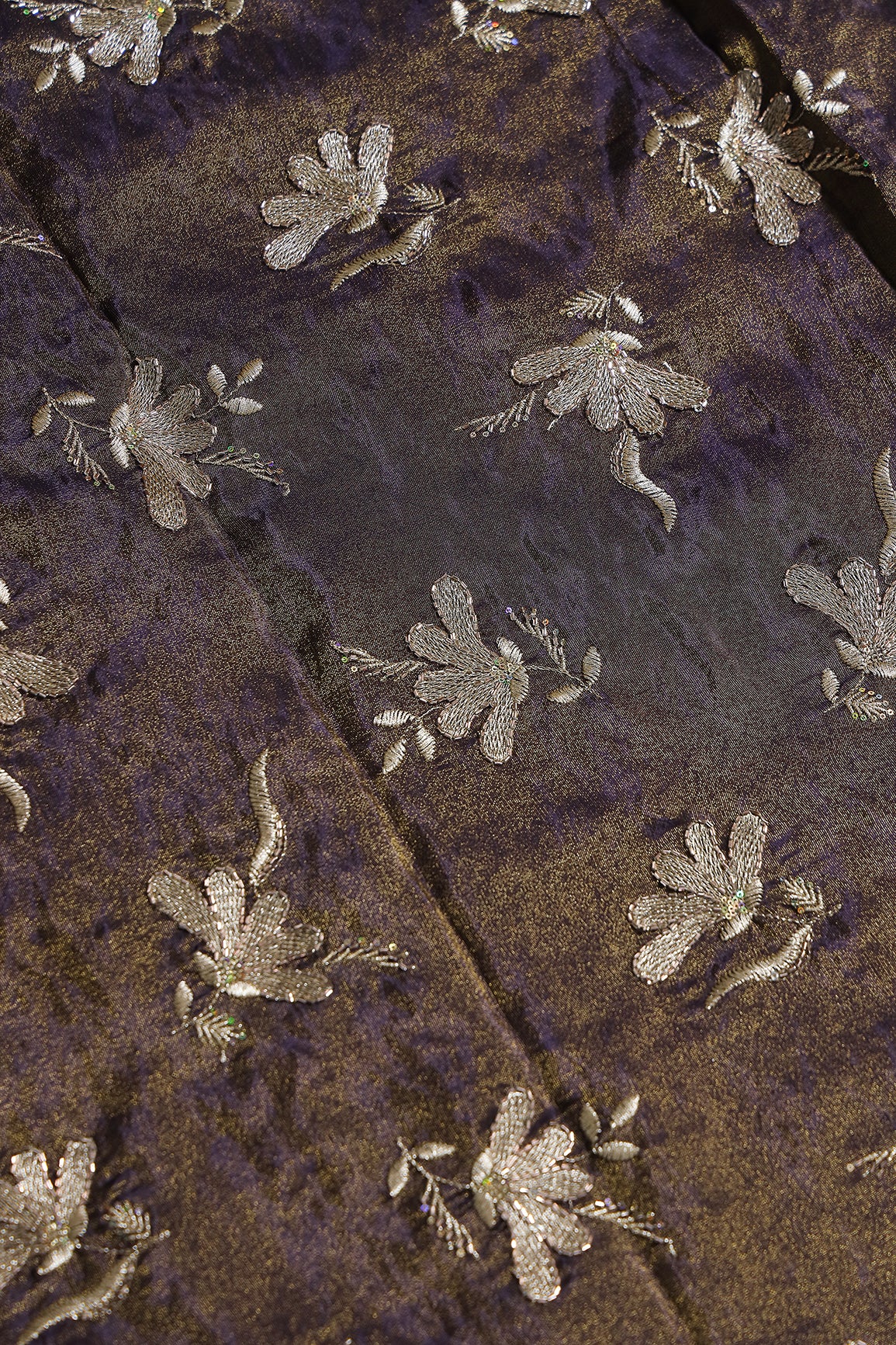 Multi Sequins & Beads With Zari Floral Embroidery Work On Dark Purple Shiny Viscose Zari Tissue Fabric