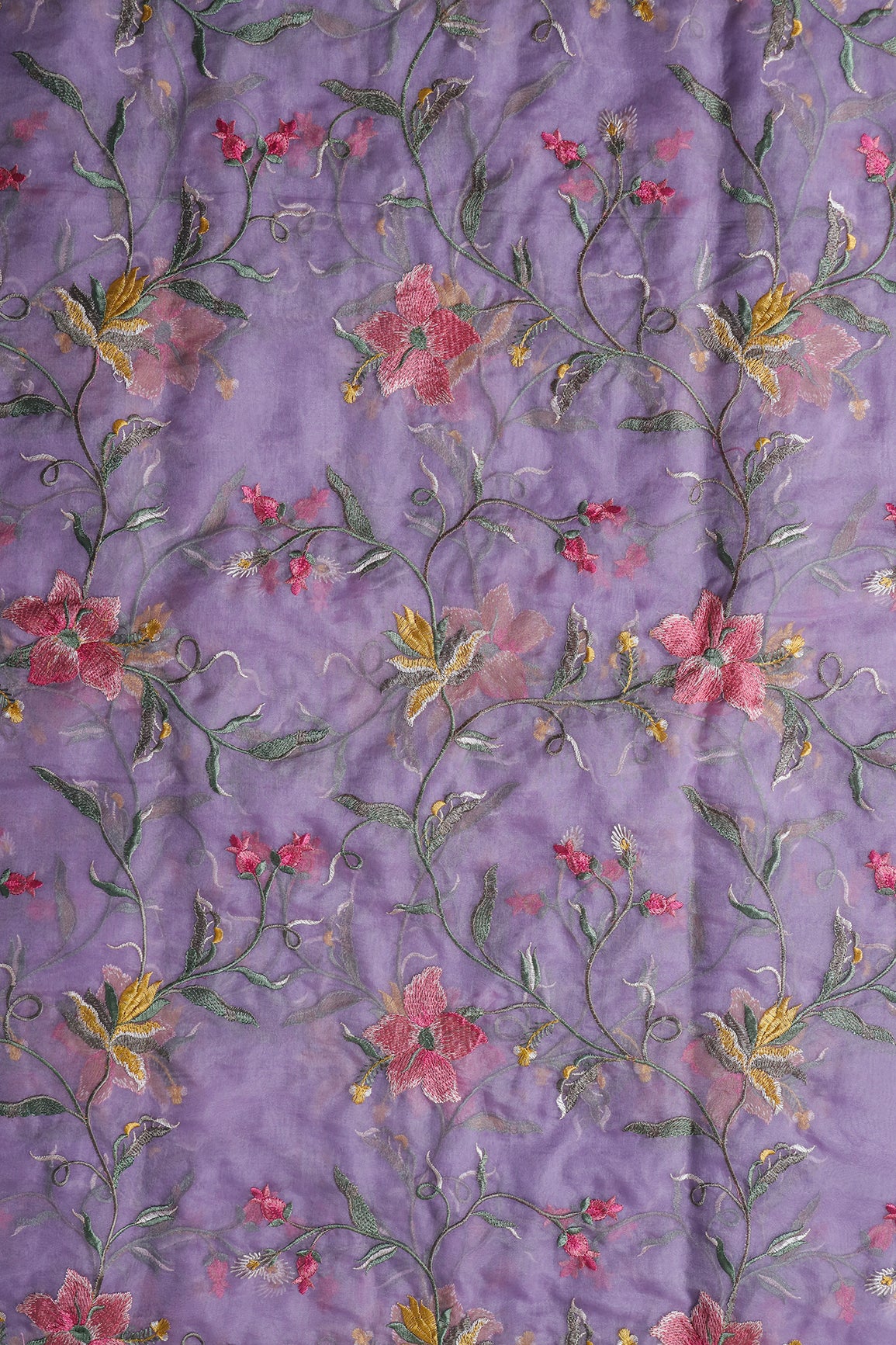 Elegant Floral Multi Color Thread Embroidery Work On Lavender Organza Fabric