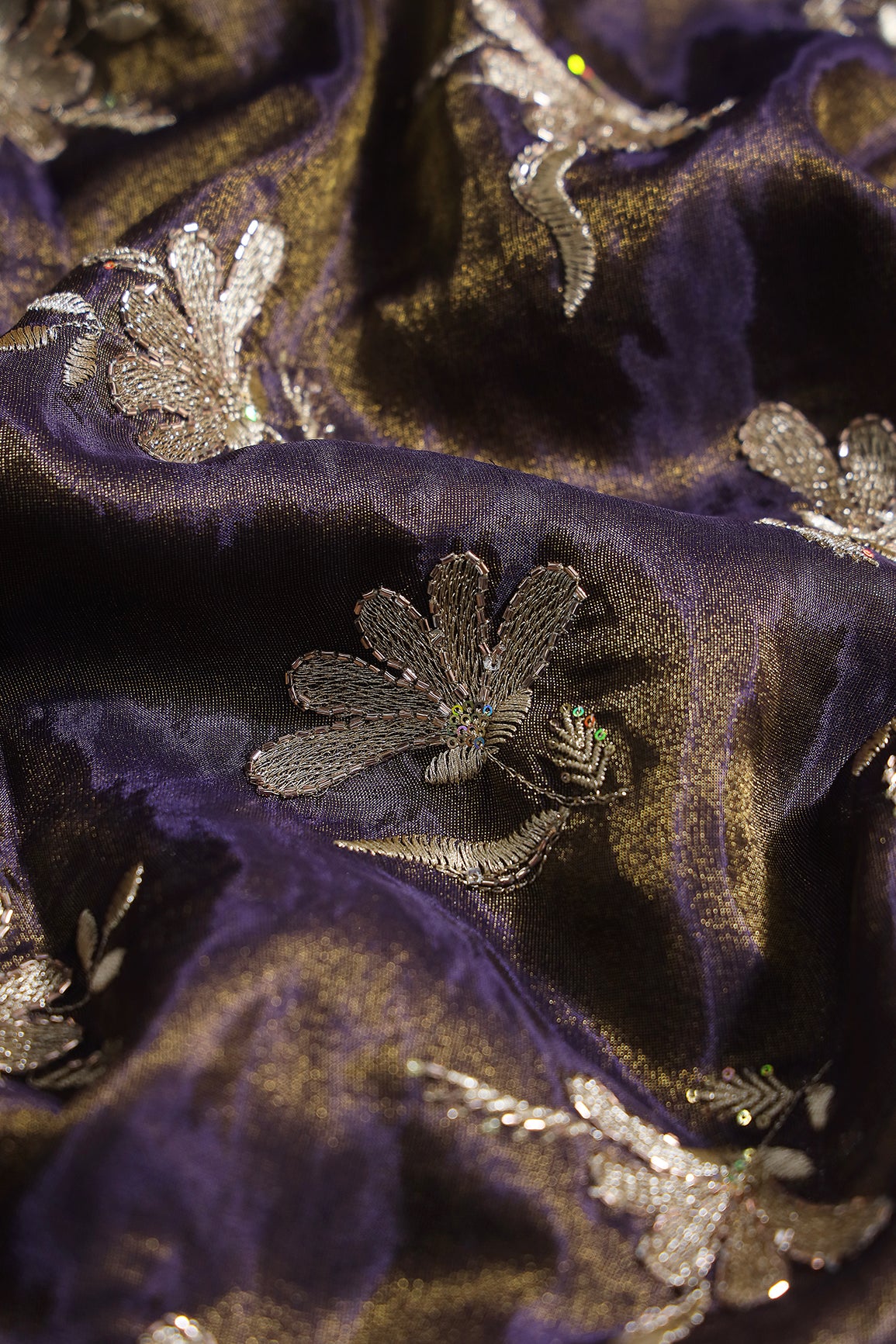 Multi Sequins & Beads With Zari Floral Embroidery Work On Dark Purple Shiny Viscose Zari Tissue Fabric