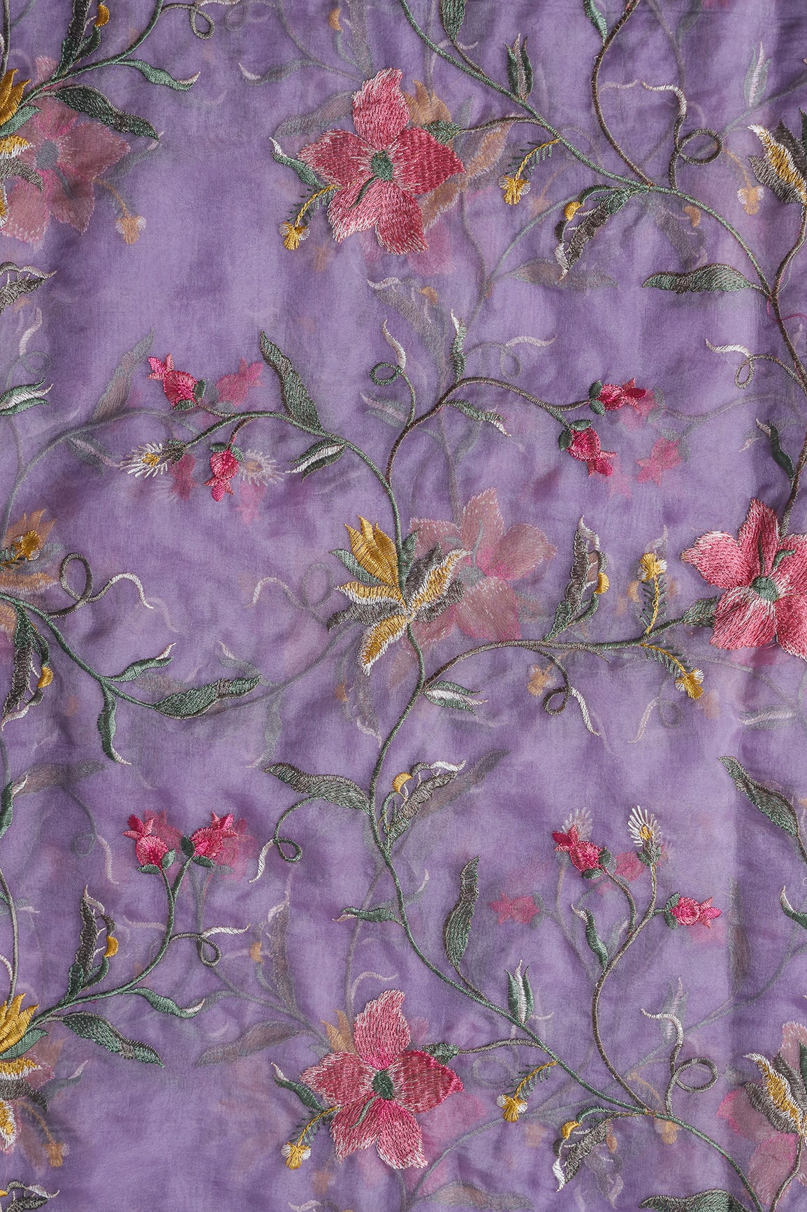 Elegant Floral Multi Color Thread Embroidery Work On Lavender Organza Fabric