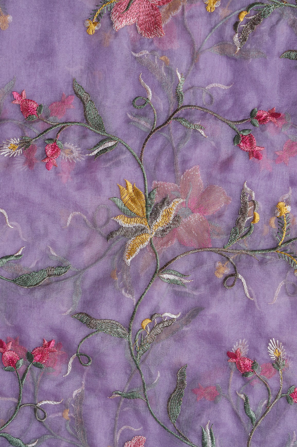 Elegant Floral Multi Color Thread Embroidery Work On Lavender Organza Fabric