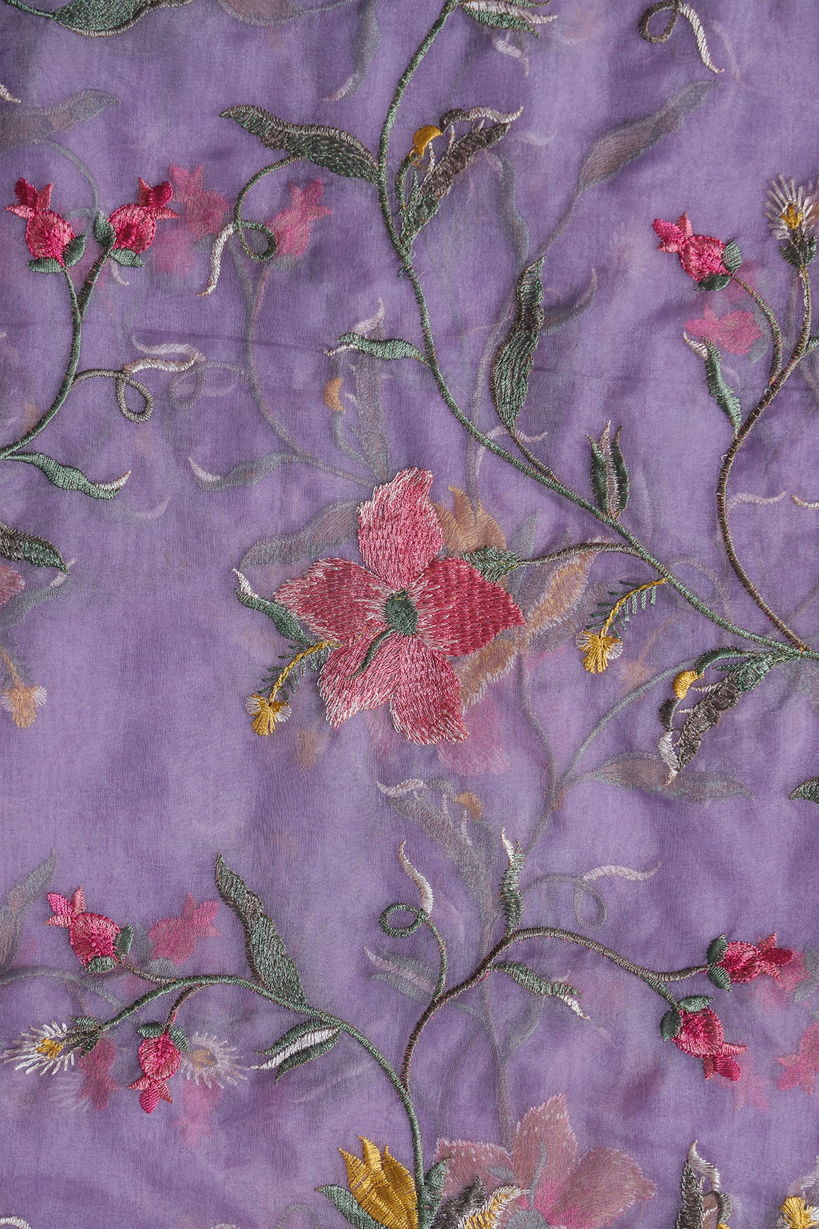 Elegant Floral Multi Color Thread Embroidery Work On Lavender Organza Fabric