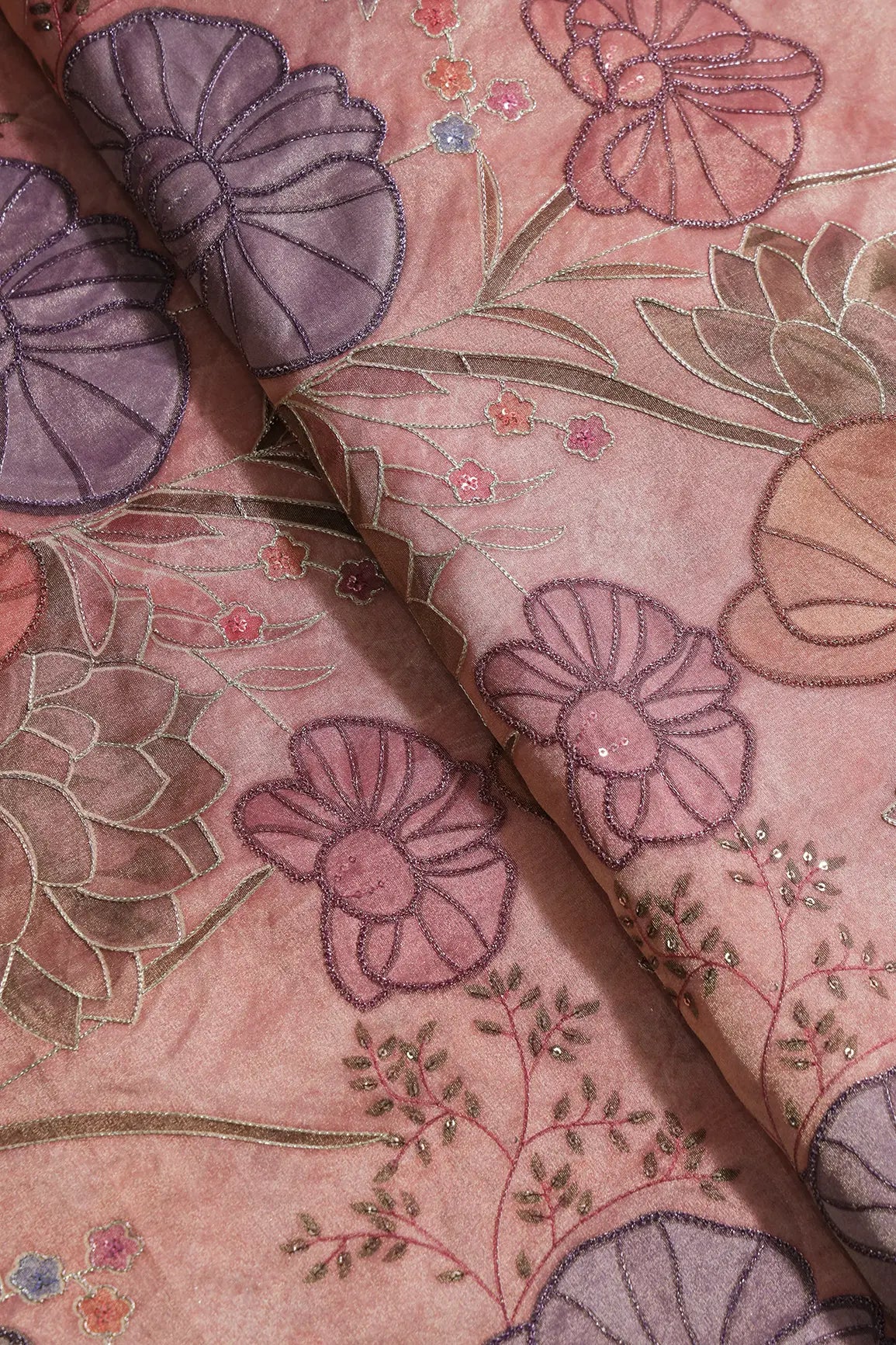 Floral Positional Print On Sequins With Zari Embroidery On Gajri Pink Zari Tissue Fabric