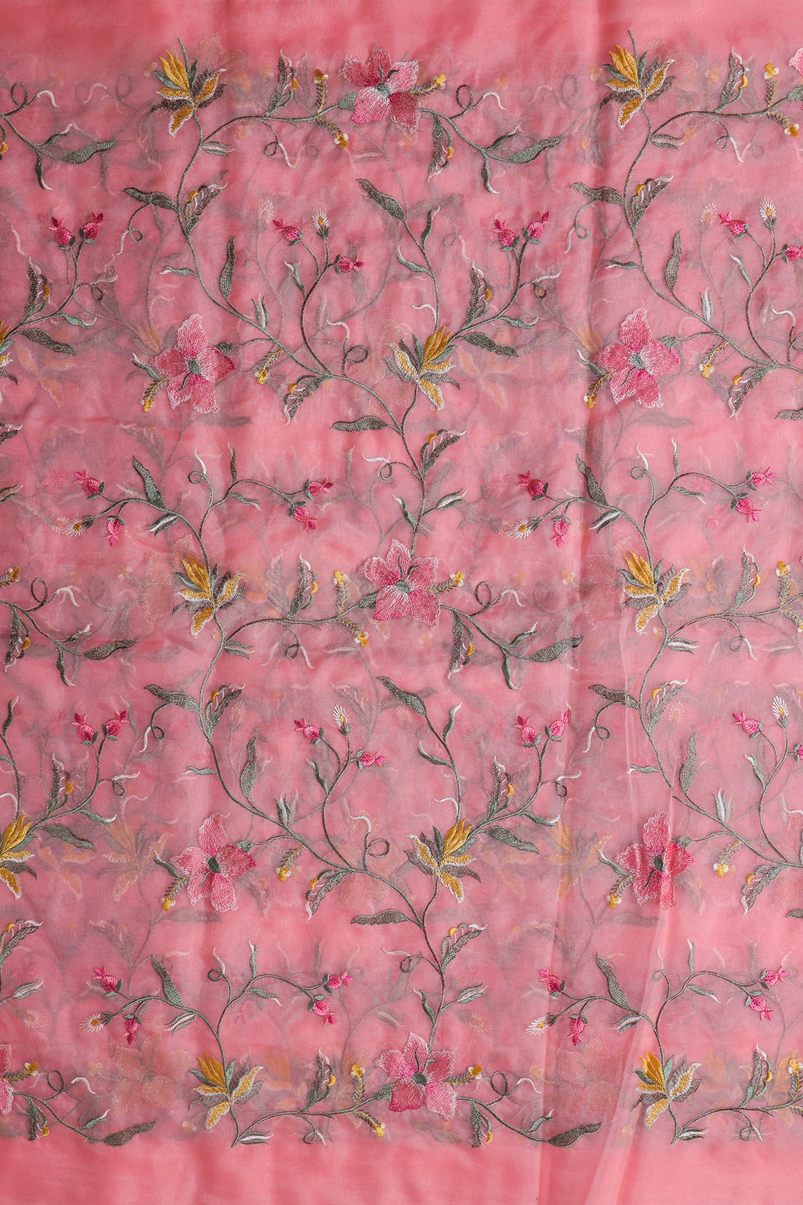 Elegant Floral Multi Color Thread Embroidery Work On Peach Organza Fabric