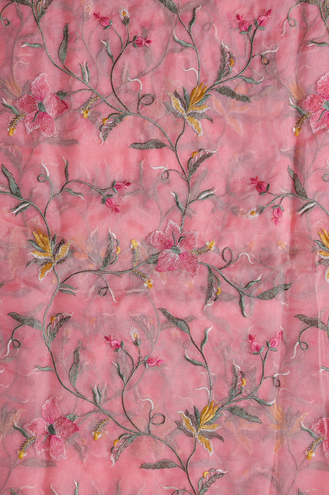 Elegant Floral Multi Color Thread Embroidery Work On Peach Organza Fabric