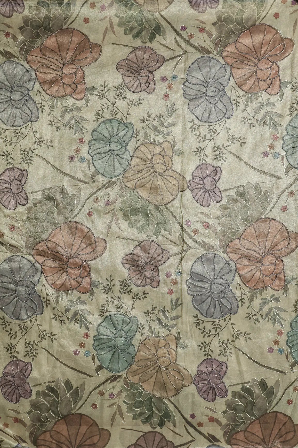 Floral Positional Print On Sequins With Zari Embroidery On Beige Zari Tissue Fabric
