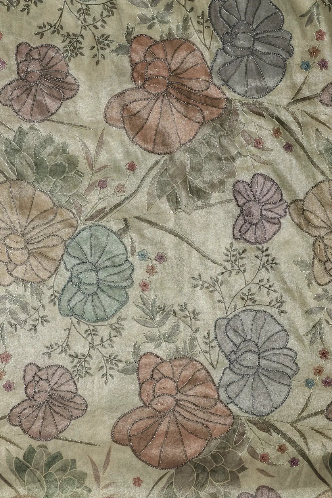 Floral Positional Print On Sequins With Zari Embroidery On Beige Zari Tissue Fabric