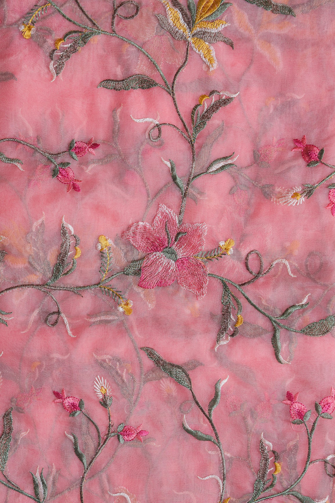 Elegant Floral Multi Color Thread Embroidery Work On Peach Organza Fabric