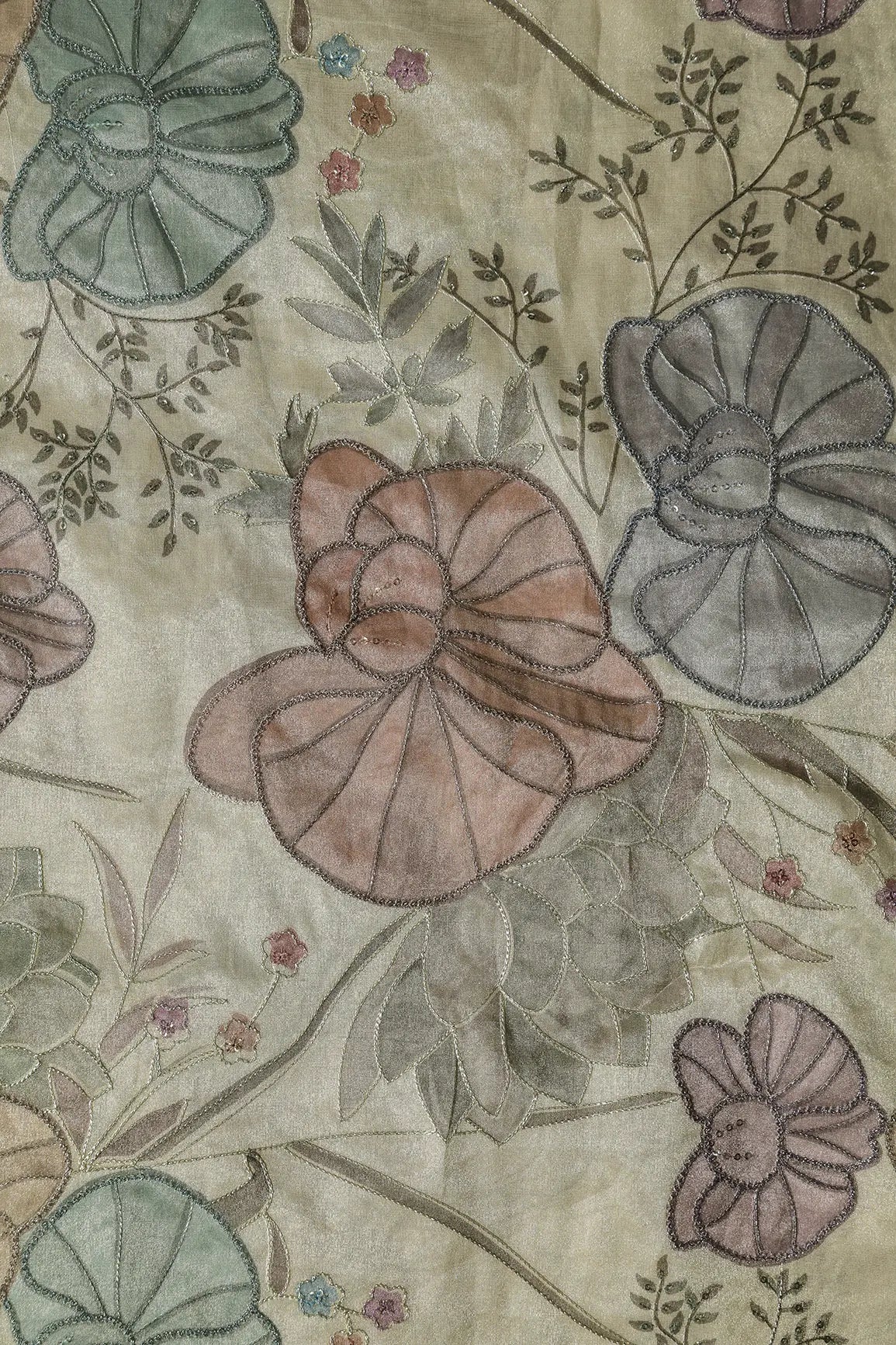 Floral Positional Print On Sequins With Zari Embroidery On Beige Zari Tissue Fabric