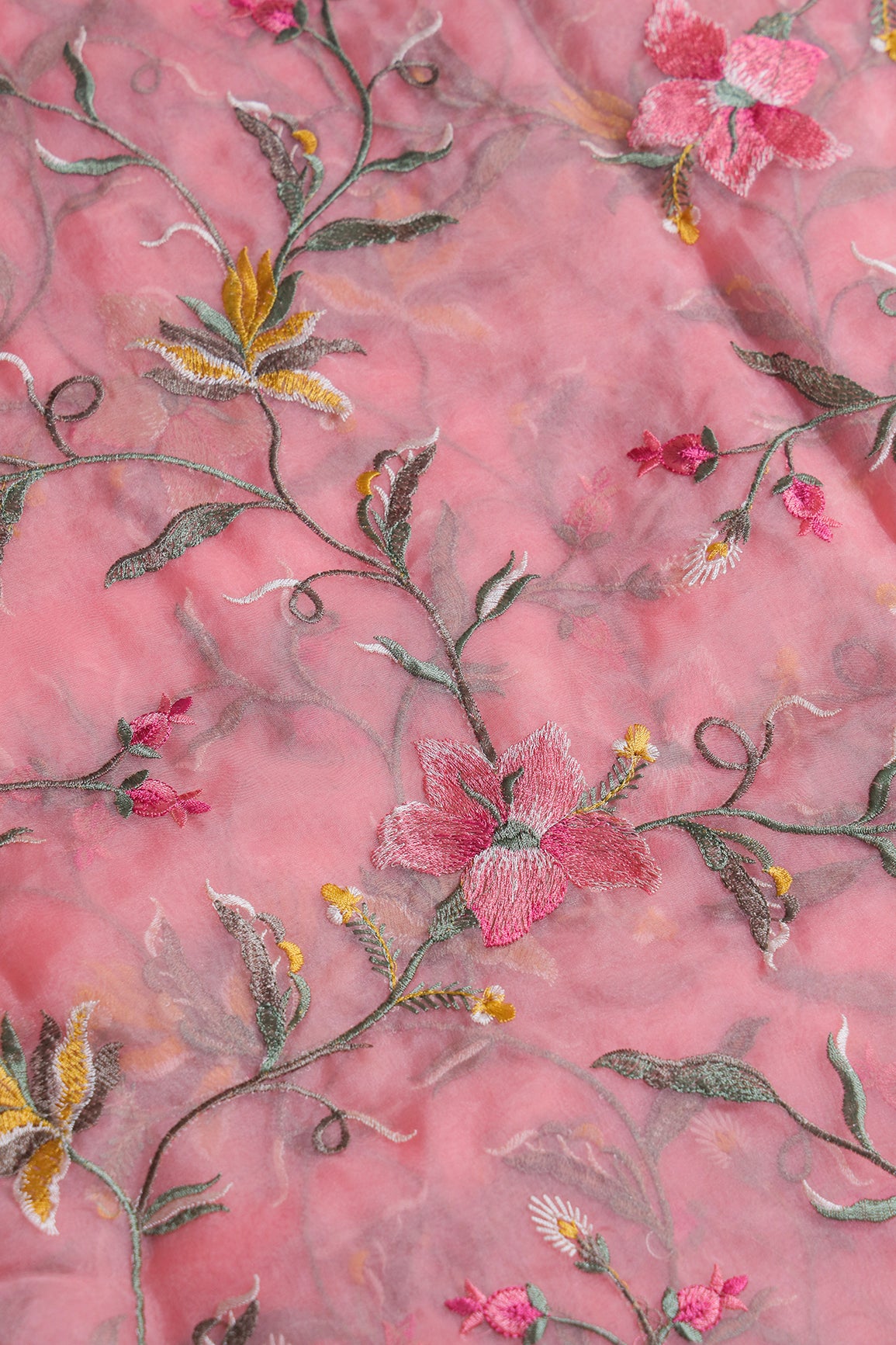Elegant Floral Multi Color Thread Embroidery Work On Peach Organza Fabric