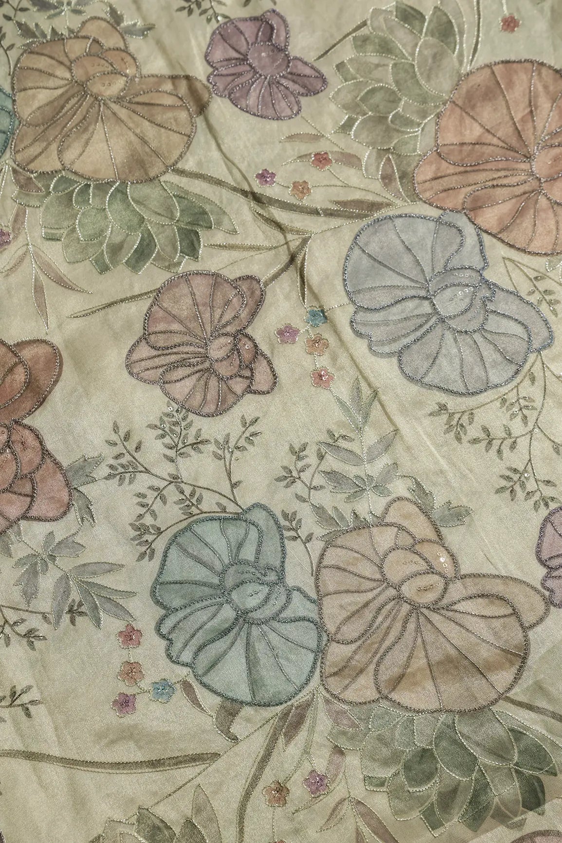 Floral Positional Print On Sequins With Zari Embroidery On Beige Zari Tissue Fabric